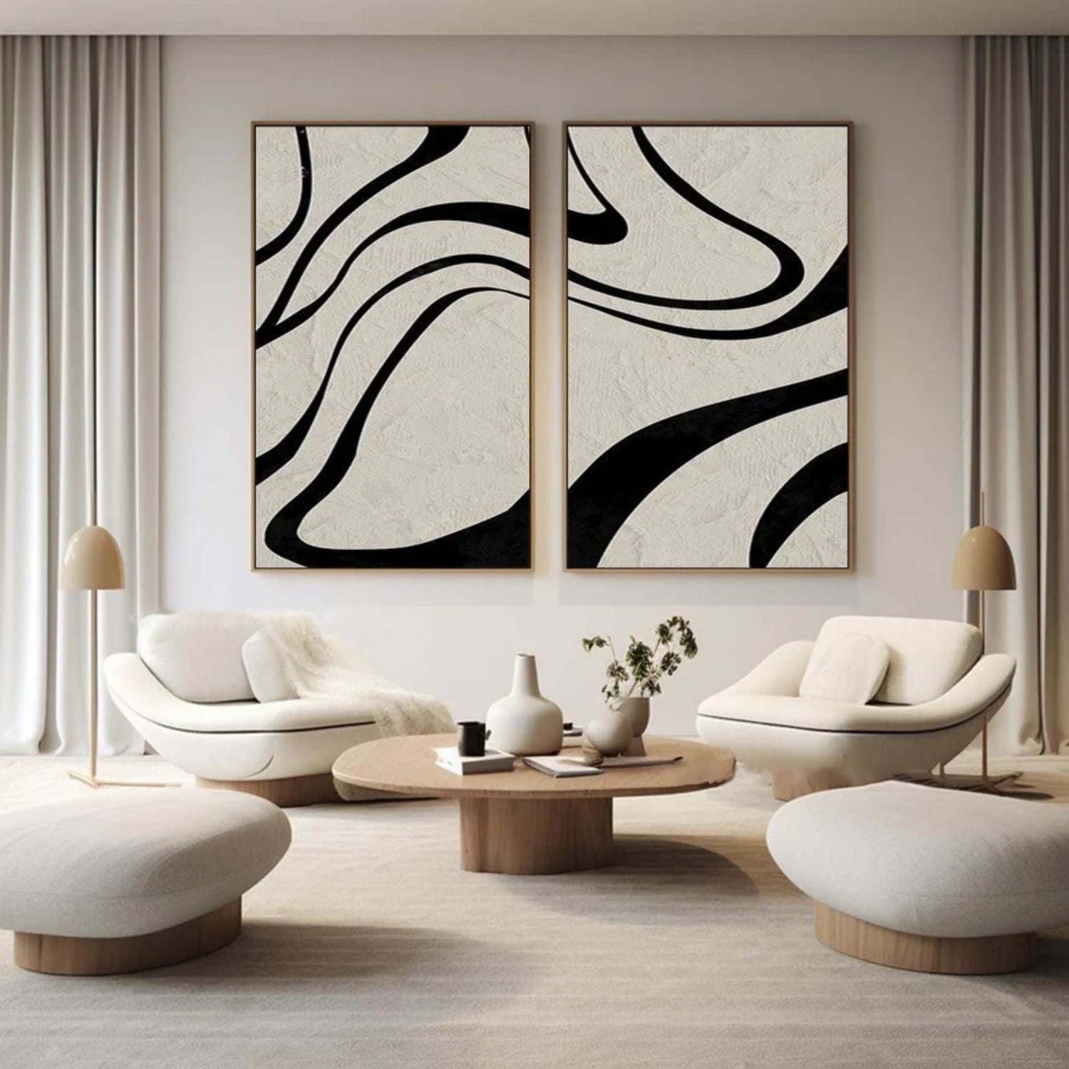 Bold Black Lines on Beige, Modern Art for Walls Set of 2 #TB 119