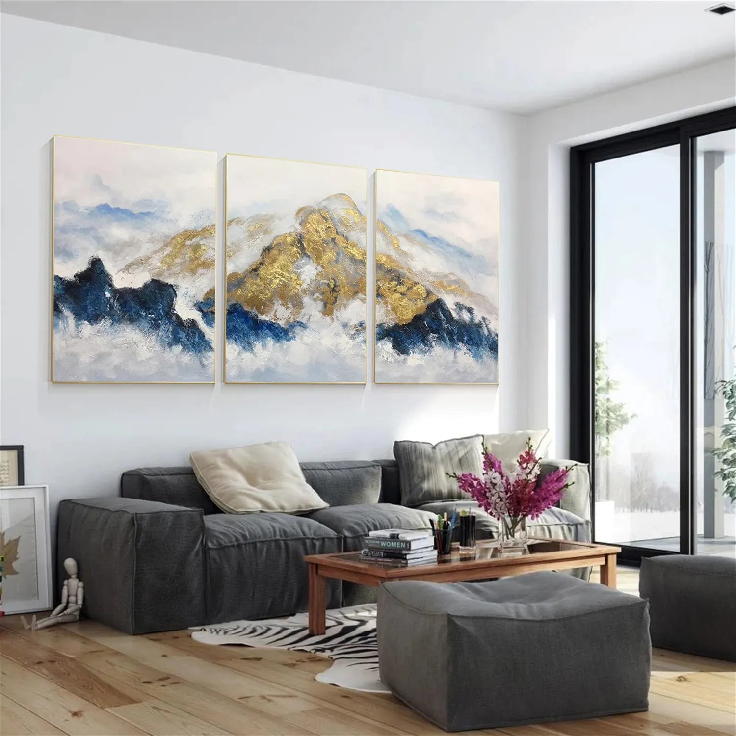 Abstract Wall Art Set of 3 – Gold and Blue Mountain Canvas #JJ 419