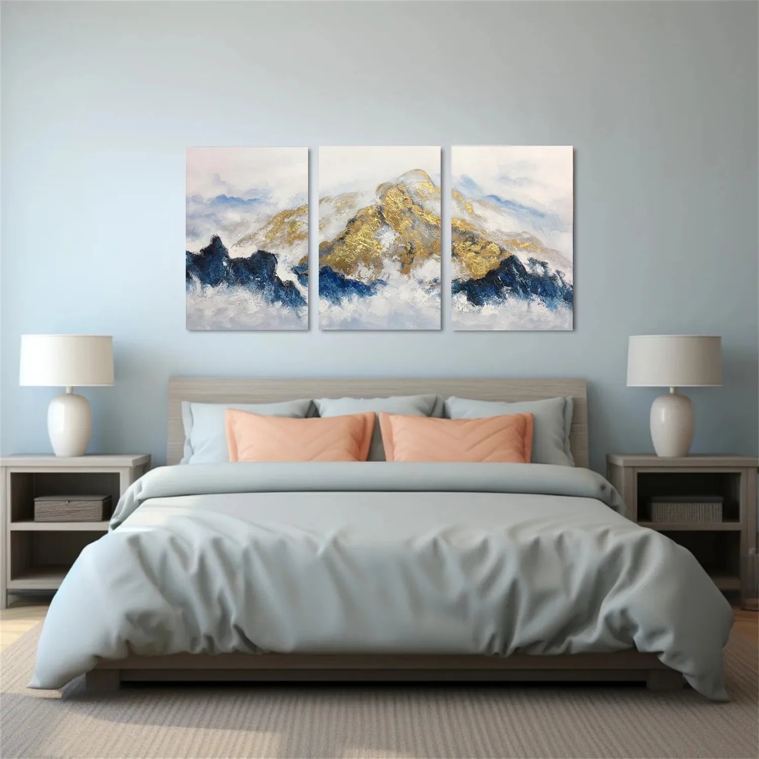 Abstract Wall Art Set of 3 – Gold and Blue Mountain Canvas #JJ 419