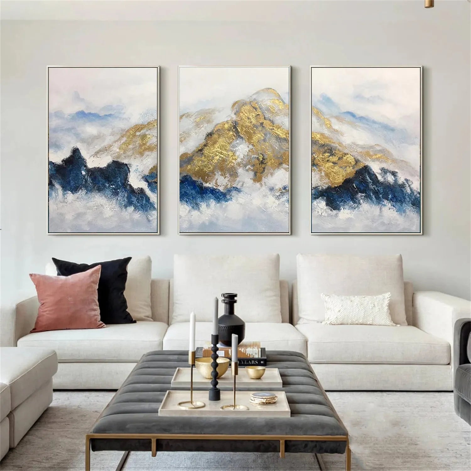Abstract Wall Art Set of 3 – Gold and Blue Mountain Canvas #JJ 419