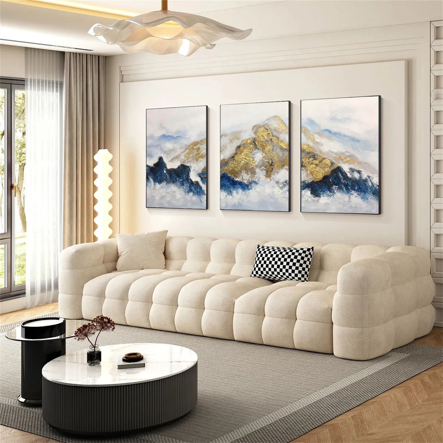 Abstract Wall Art Set of 3 – Gold and Blue Mountain Canvas #JJ 419