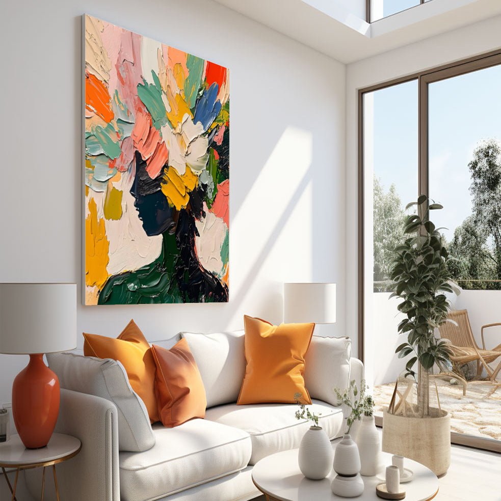 Vibrant Multicolor Abstract Portrait | Pink, Orange & Green Canvas #AA 442