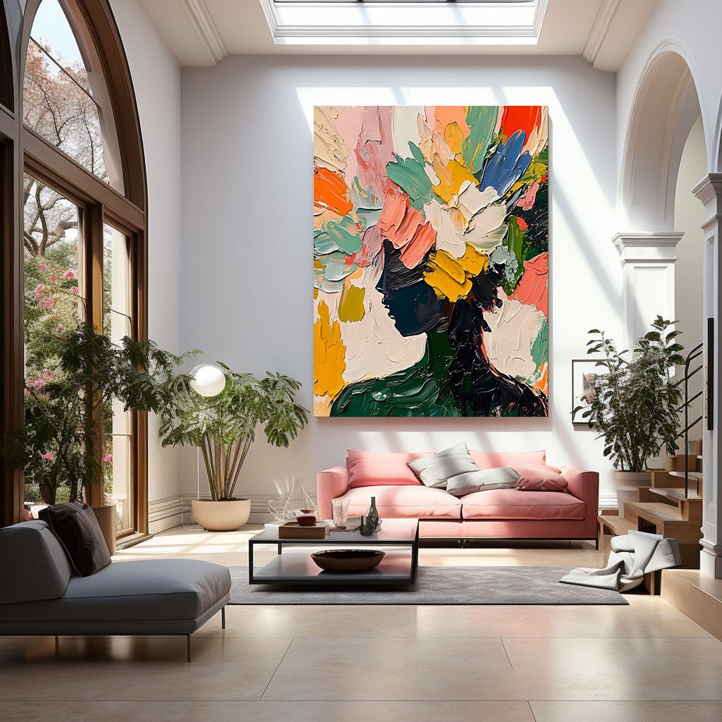 Vibrant Multicolor Abstract Portrait | Pink, Orange & Green Canvas #AA 442