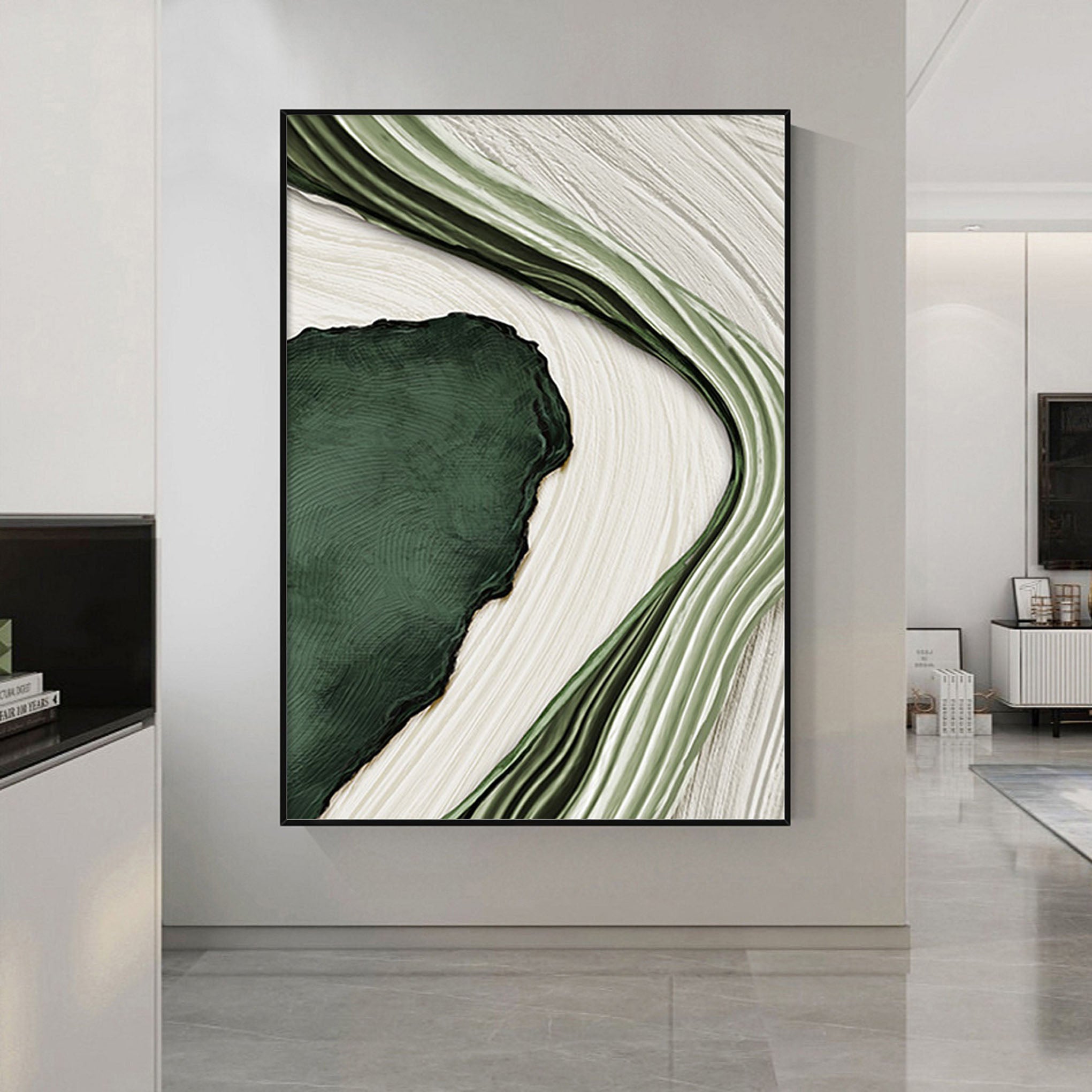 Textured Green and White Abstract Art | Flowing Lines Canvas Painting #JJ 073