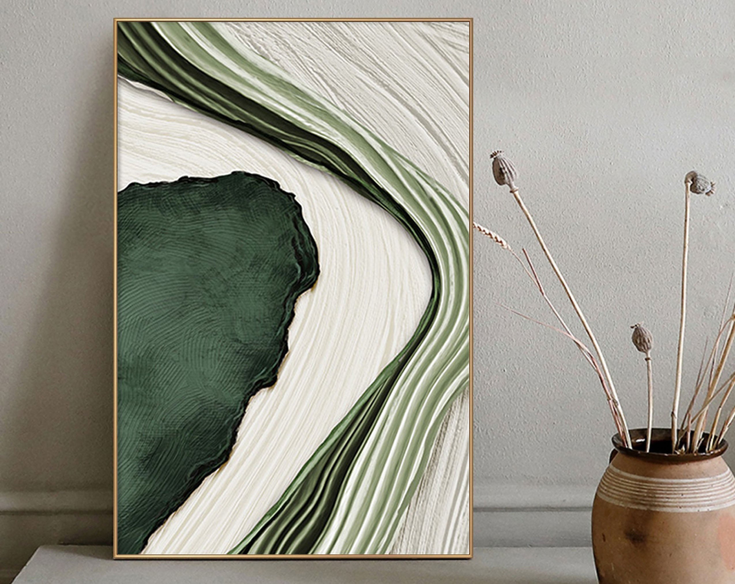 Textured Green and White Abstract Art | Flowing Lines Canvas Painting #JJ 073