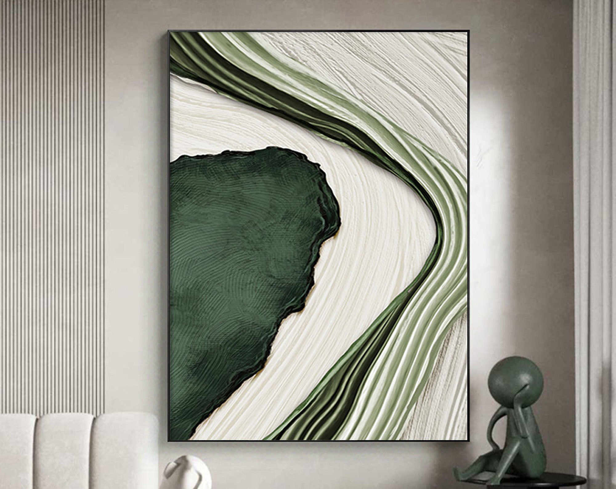 Textured Green and White Abstract Art | Flowing Lines Canvas Painting #JJ 073