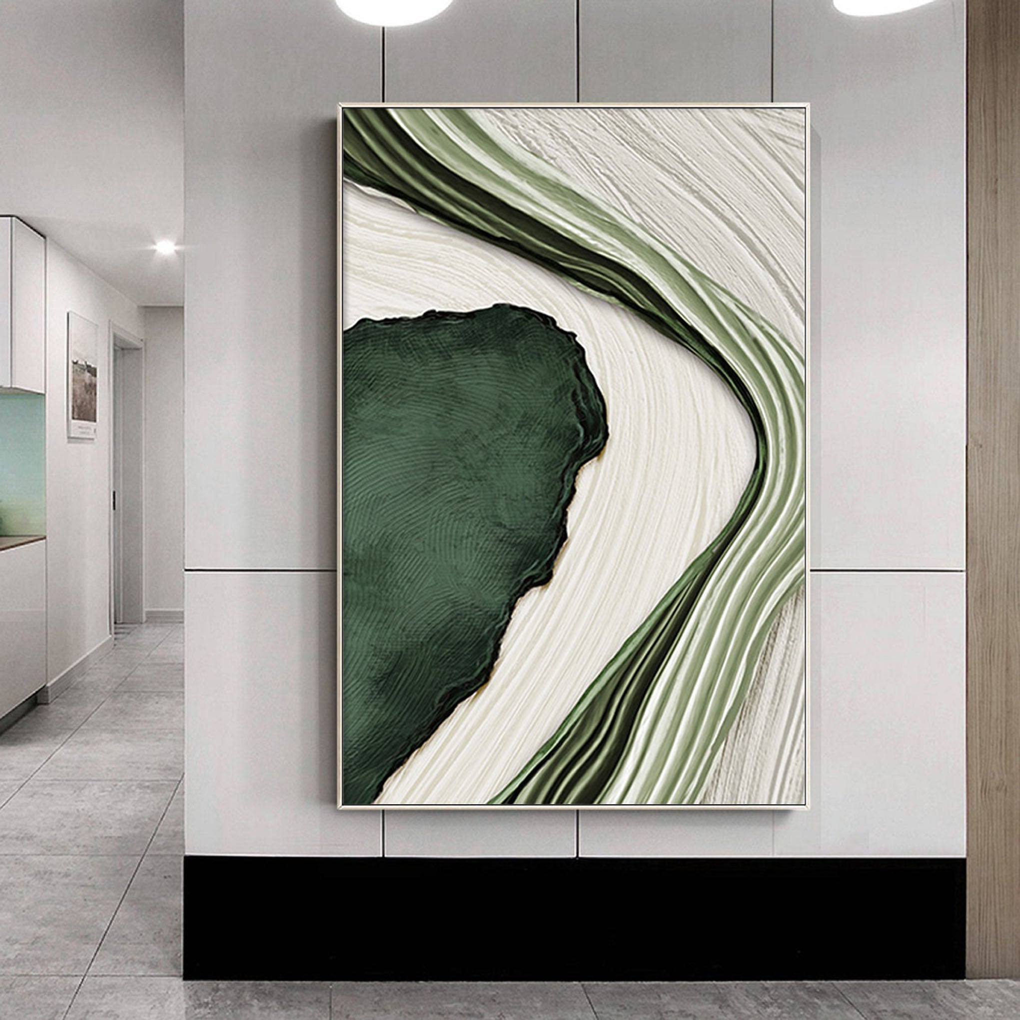 Textured Green and White Abstract Art | Flowing Lines Canvas Painting #JJ 073