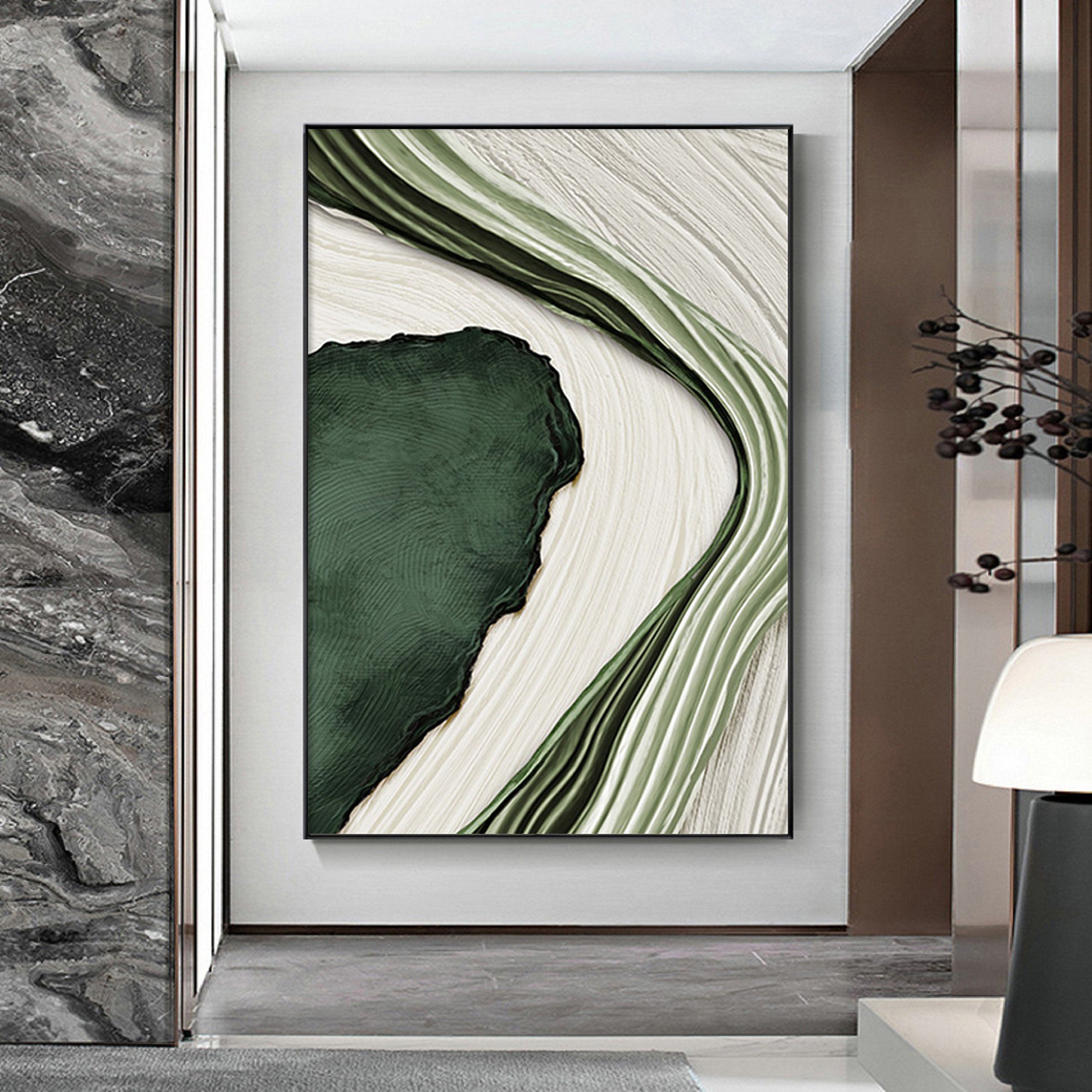 Organic Abstract Painting | Green & White Flowing Textured Wall Art