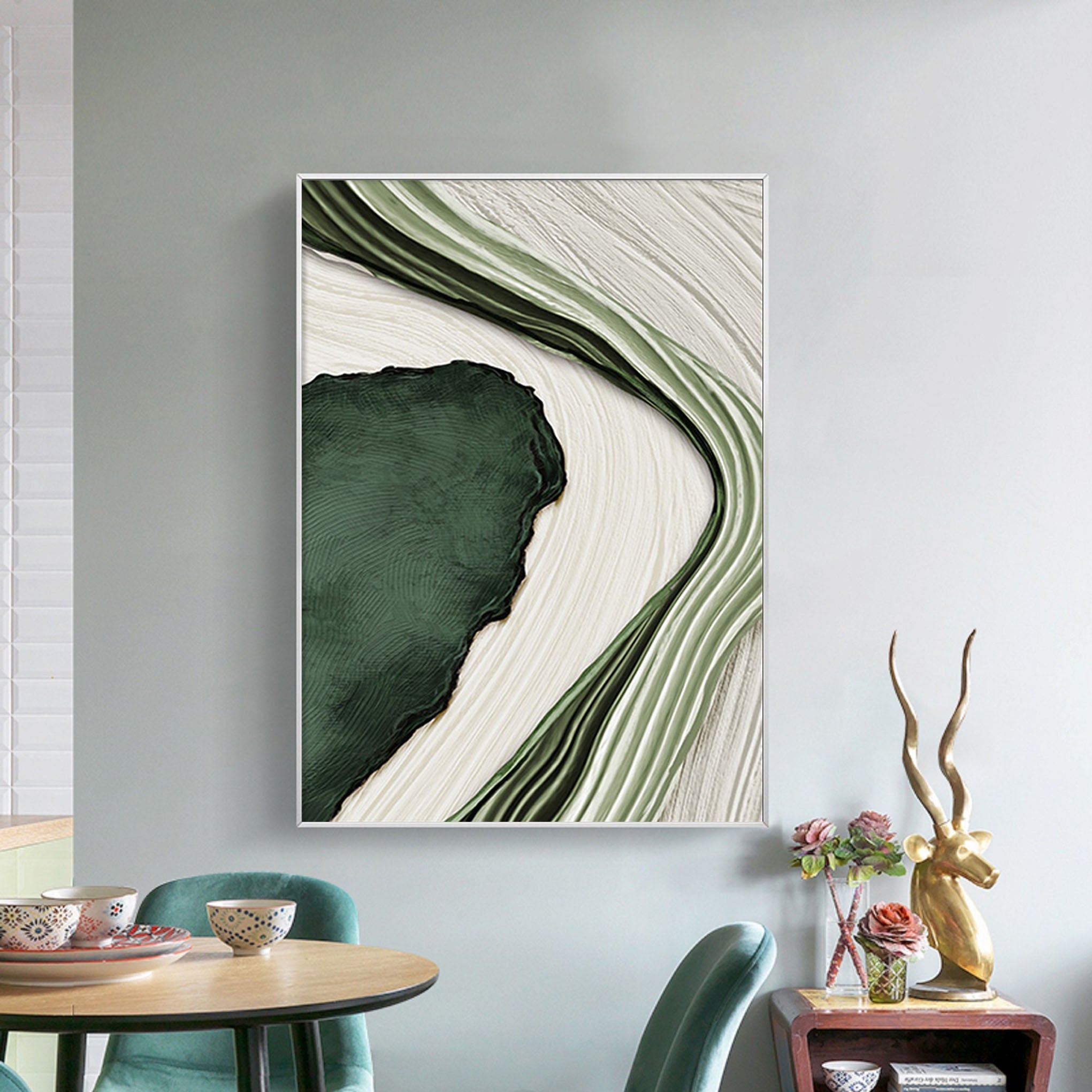 Textured Green and White Abstract Art | Flowing Lines Canvas Painting #JJ 073