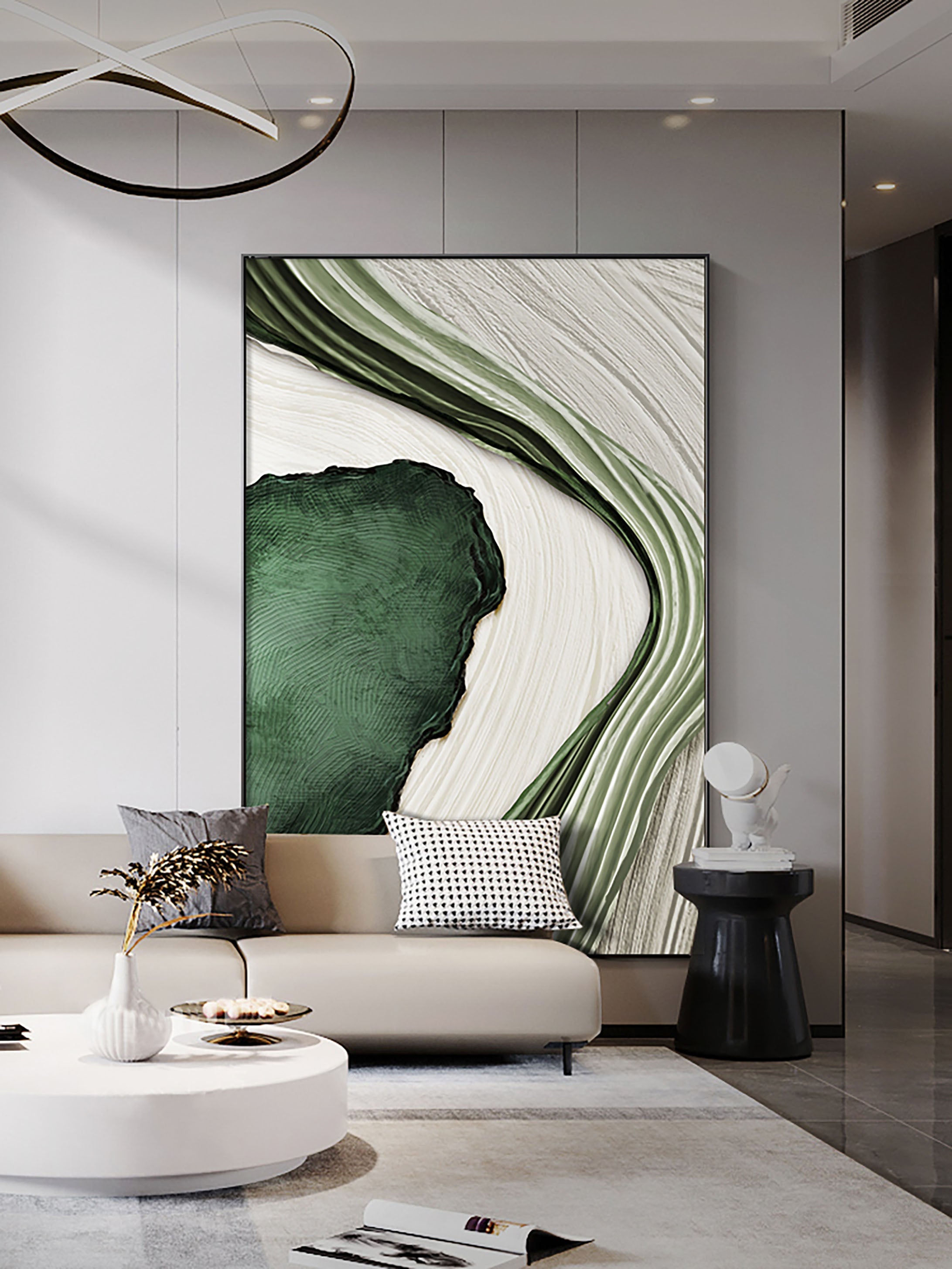Textured Green and White Abstract Art | Flowing Lines Canvas Painting #JJ 073