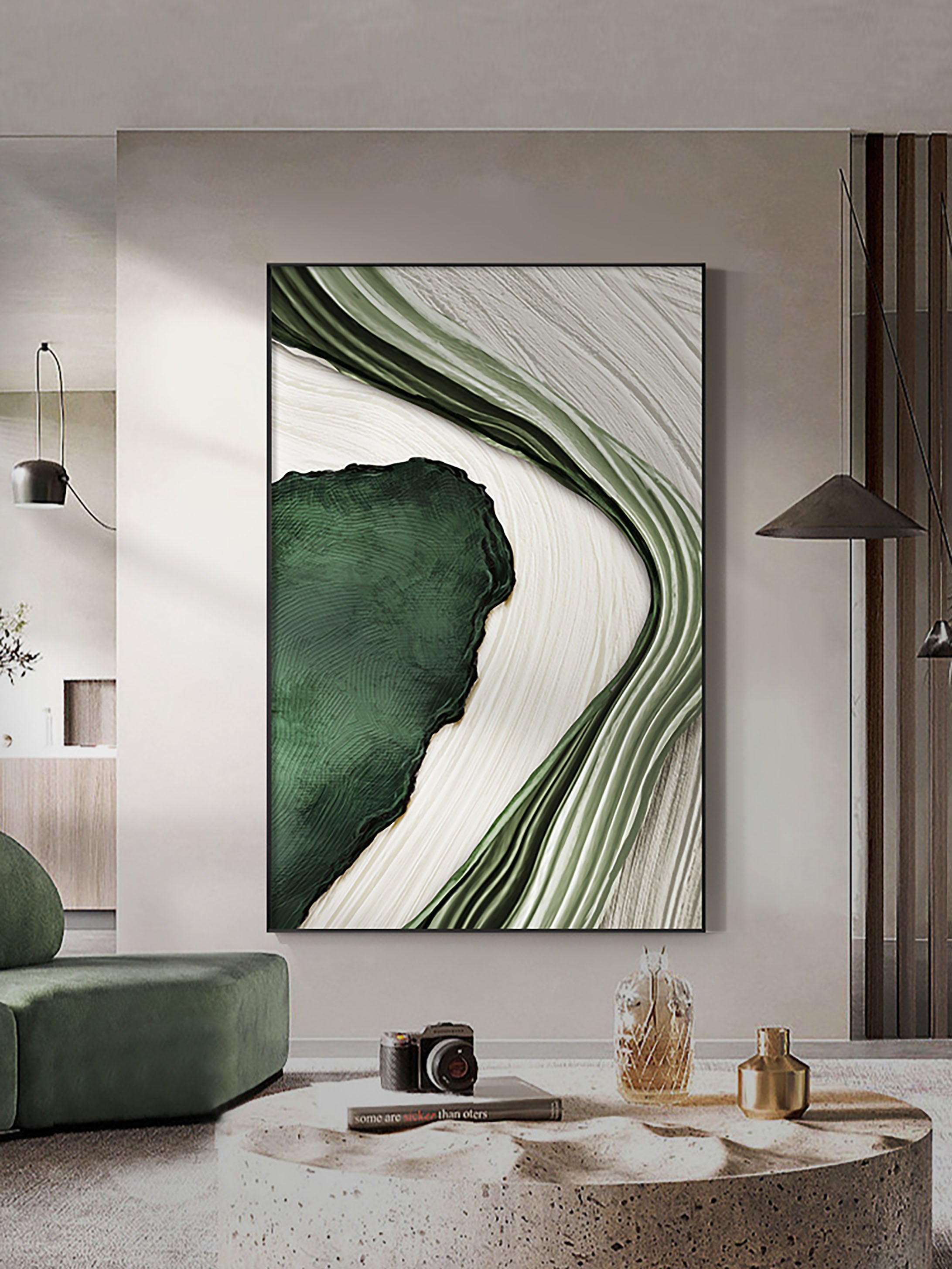 Textured Green and White Abstract Art | Flowing Lines Canvas Painting #JJ 073