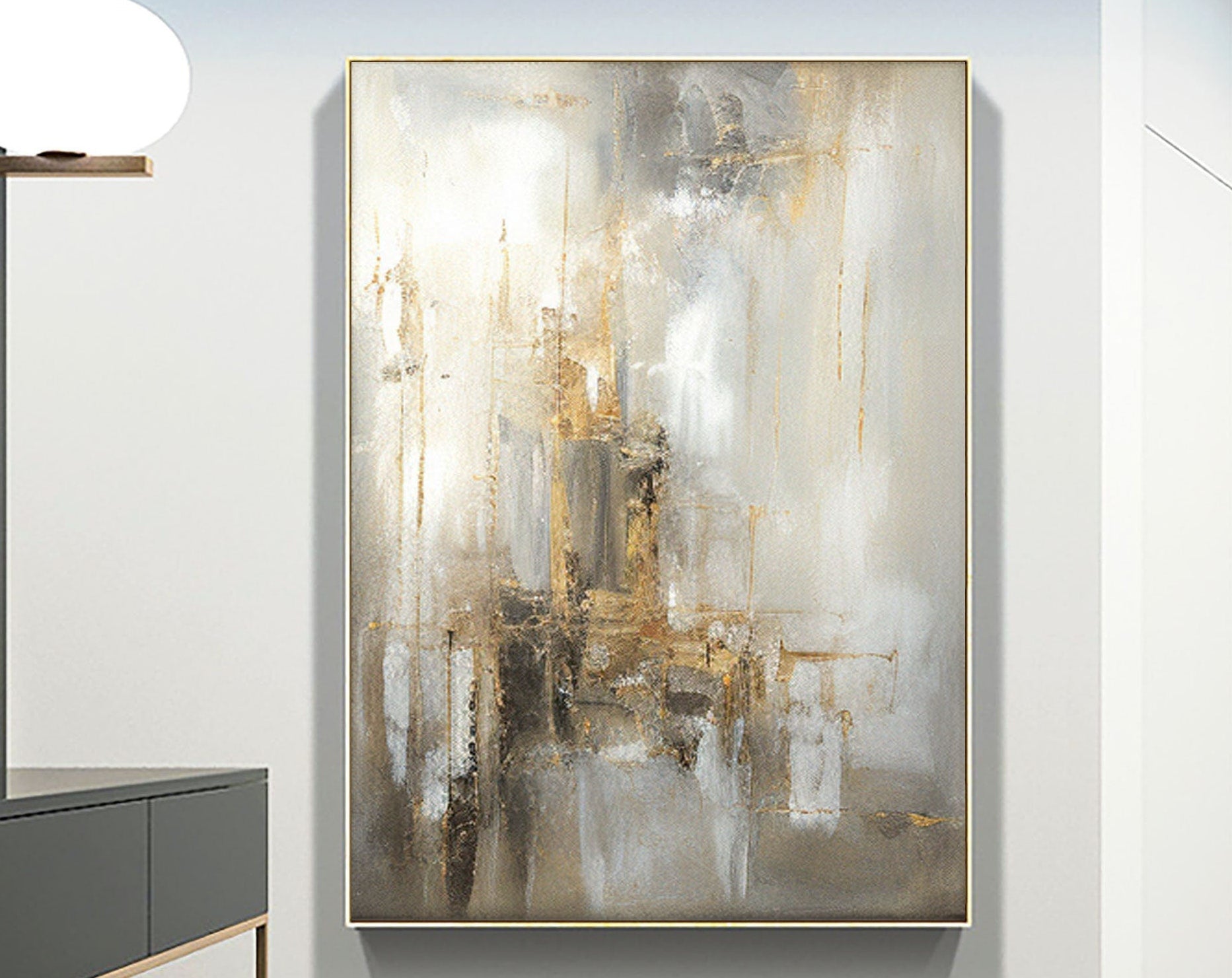 Modern Abstract Wall Art | Grey Beige Painting with Gold Details
