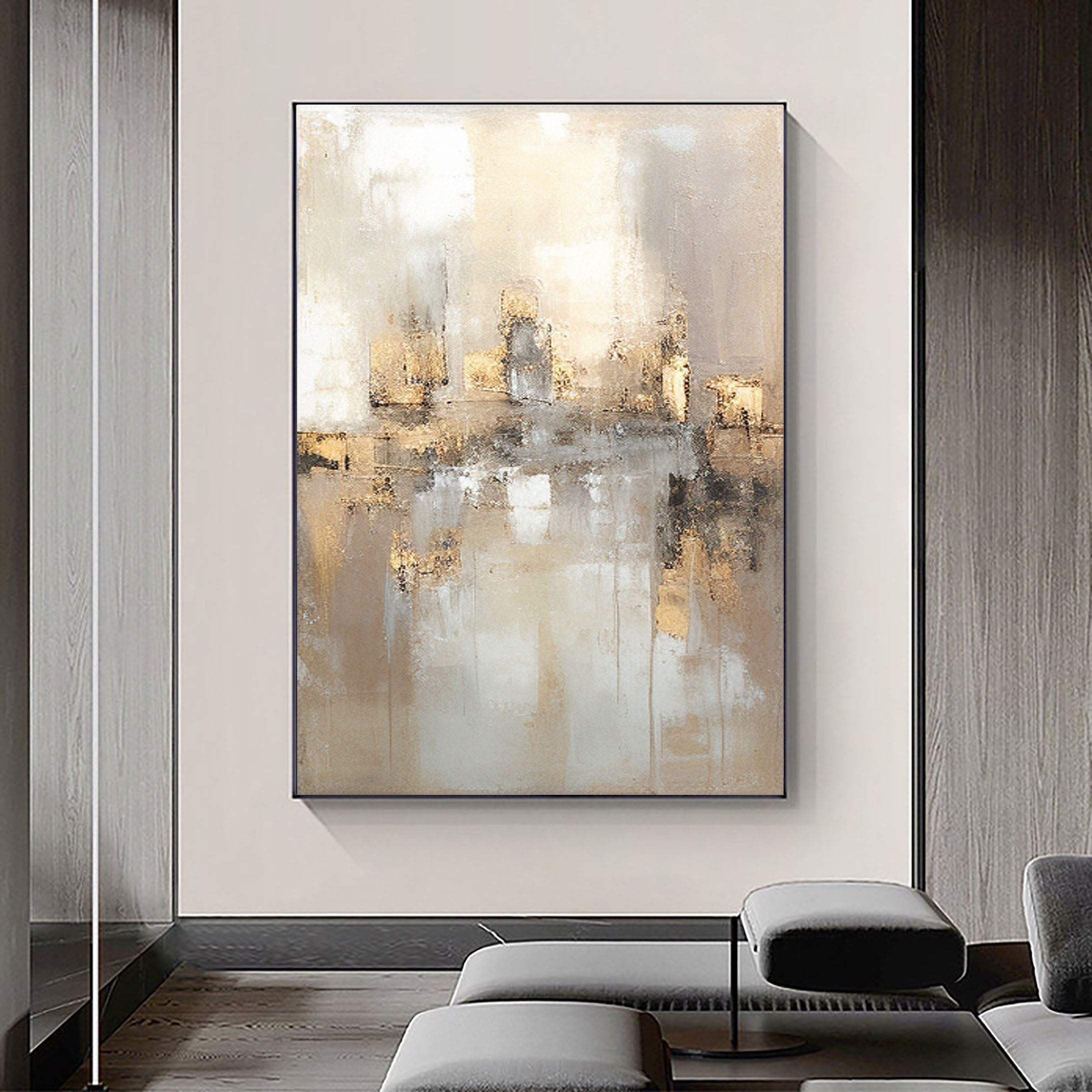 Vertical Abstract Painting | Large Neutral Wall Art with Gold Foil Decor