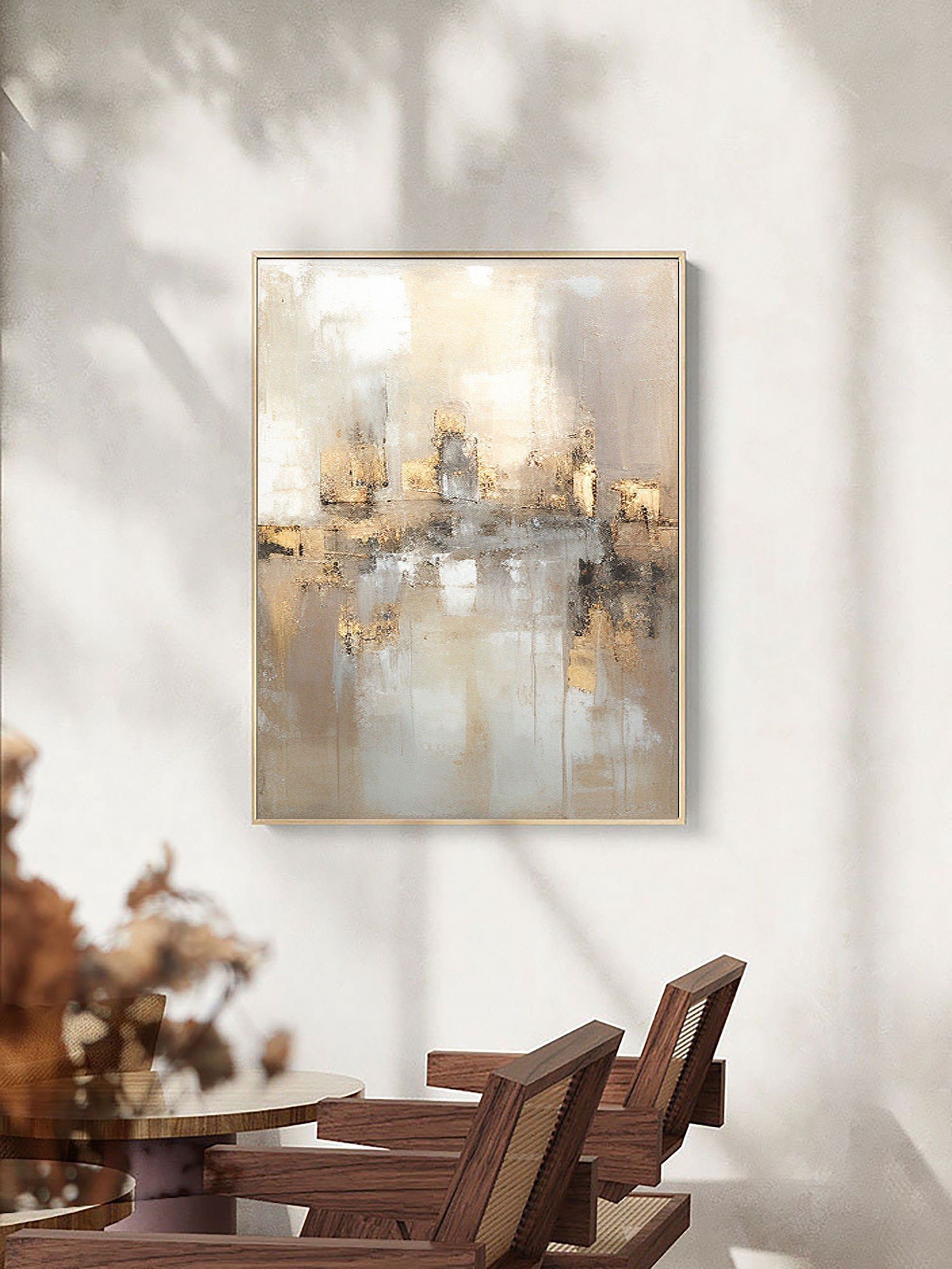 Large Abstract Neutral Wall Art | Wabi Sabi Gold Accent Canvas #ZZ 106