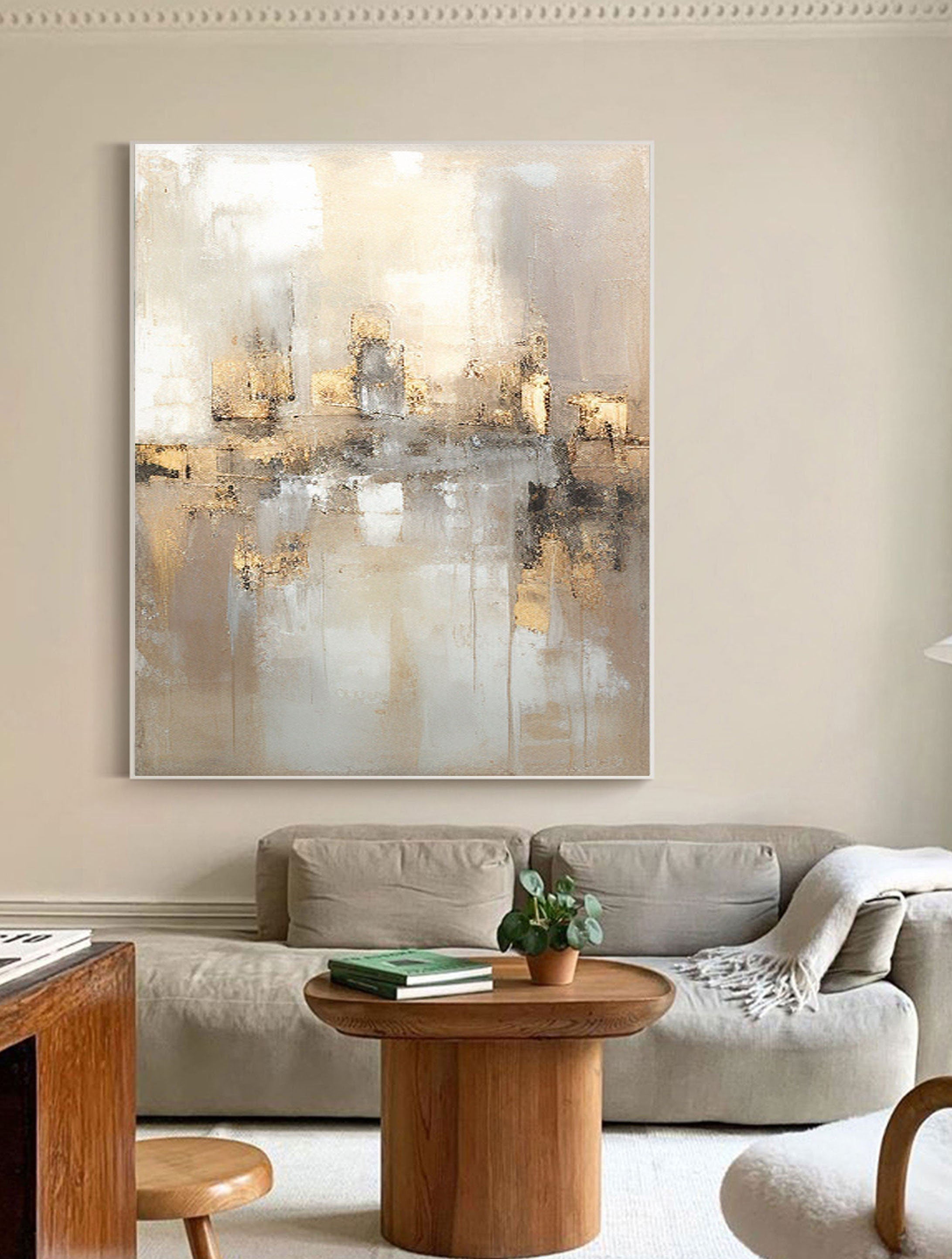 Large Abstract Neutral Wall Art | Wabi Sabi Gold Accent Canvas #ZZ 106