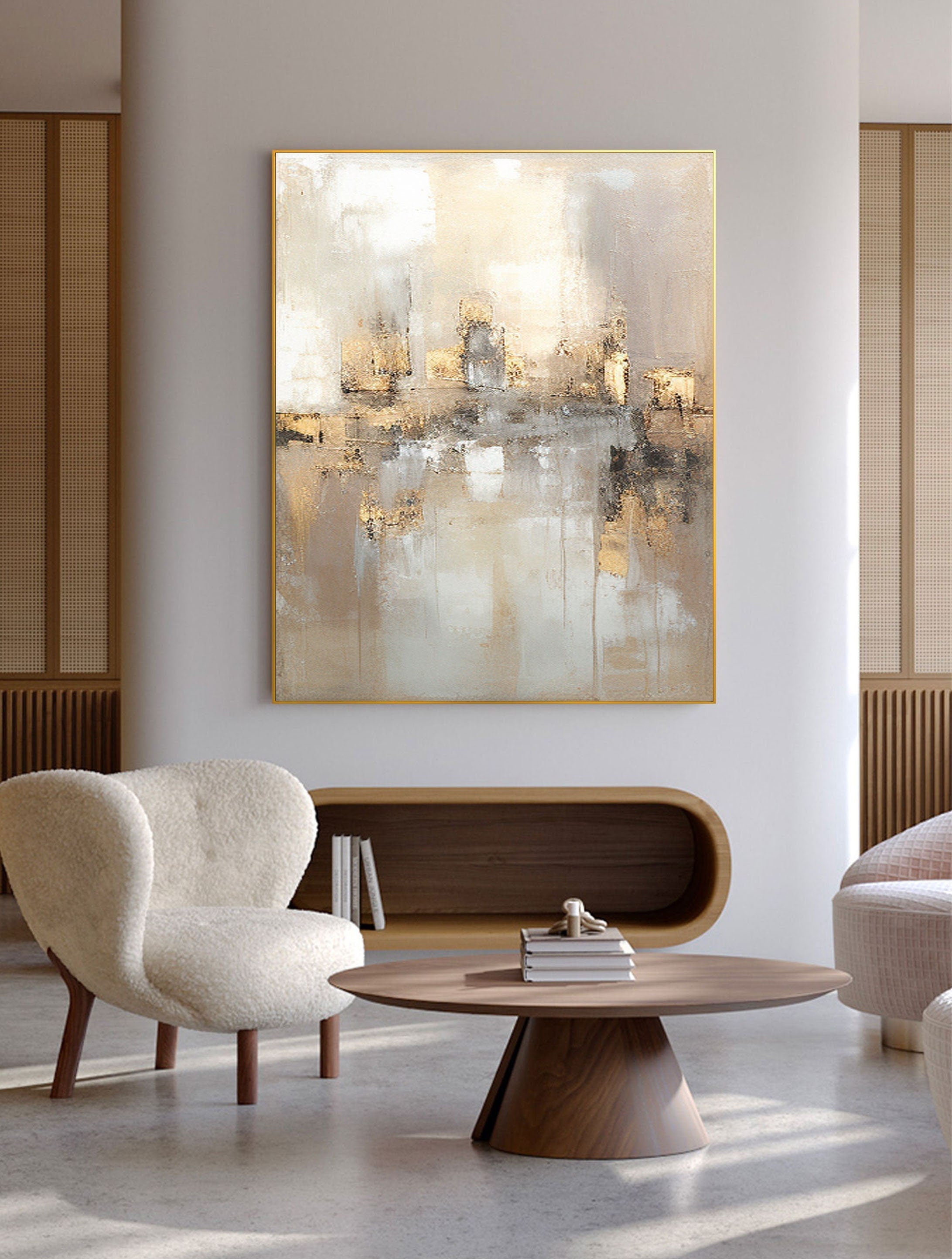 Large Abstract Neutral Wall Art | Wabi Sabi Gold Accent Canvas #ZZ 106