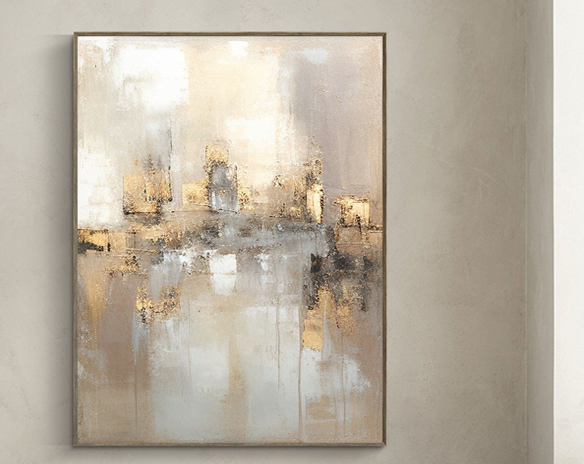 Large Abstract Neutral Wall Art | Wabi Sabi Gold Accent Canvas #ZZ 106