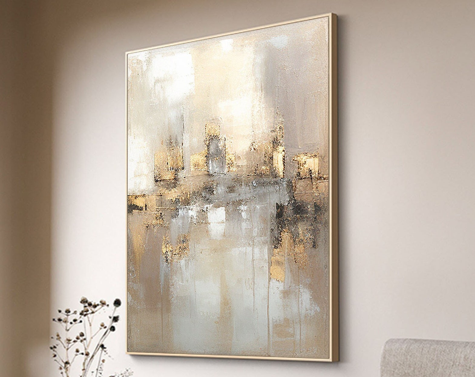 Large Abstract Neutral Wall Art | Wabi Sabi Gold Accent Canvas #ZZ 106
