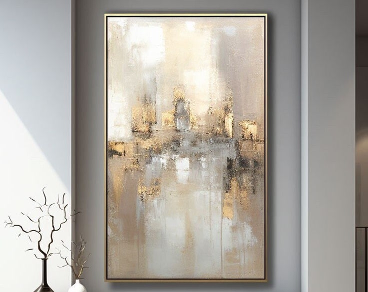 Large Abstract Neutral Wall Art | Wabi Sabi Gold Accent Canvas #ZZ 106