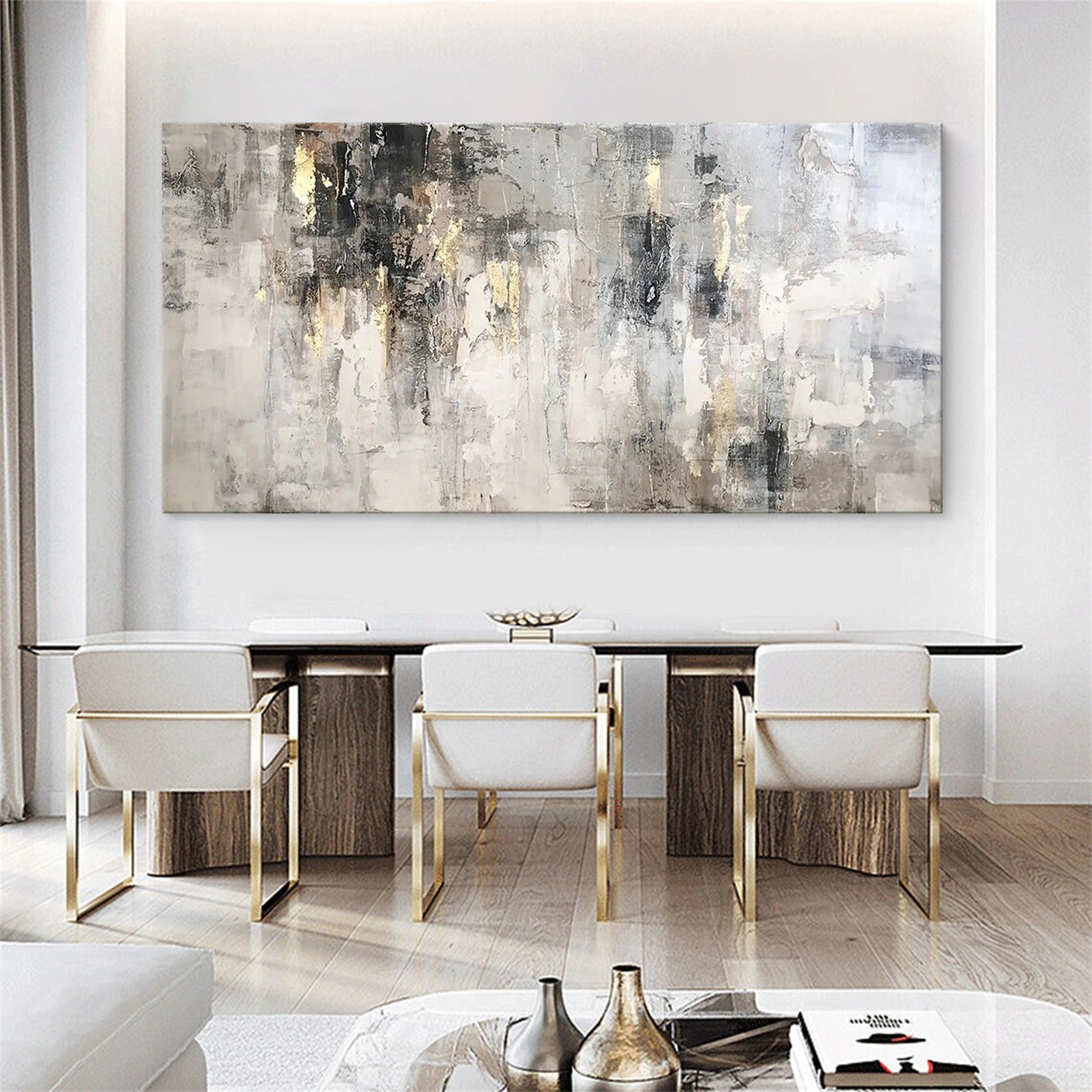 Neutral Abstract Art with Gold Leaf | Grey Beige Textured Painting #JJ 075