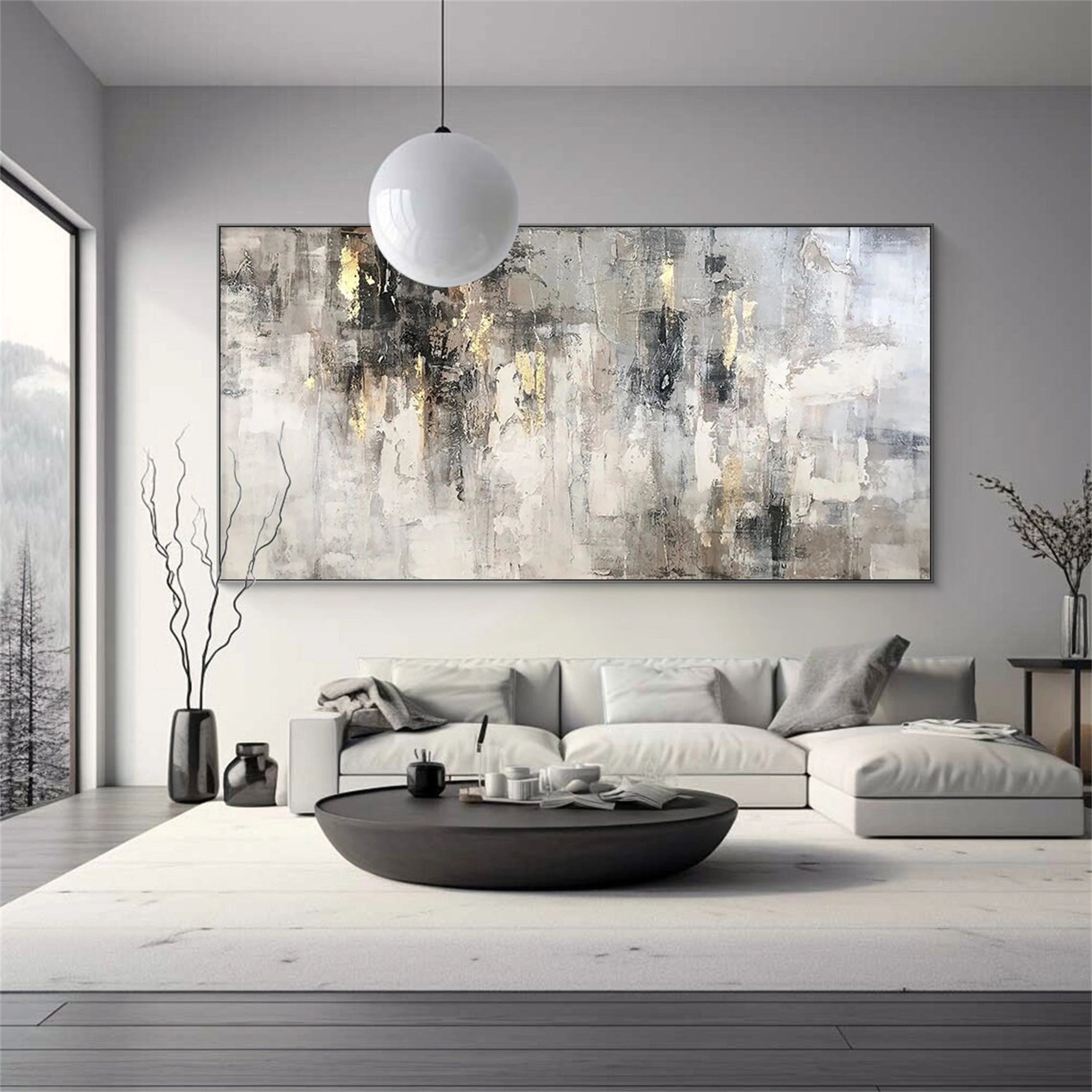 Neutral Abstract Art with Gold Leaf | Grey Beige Textured Painting #JJ 075