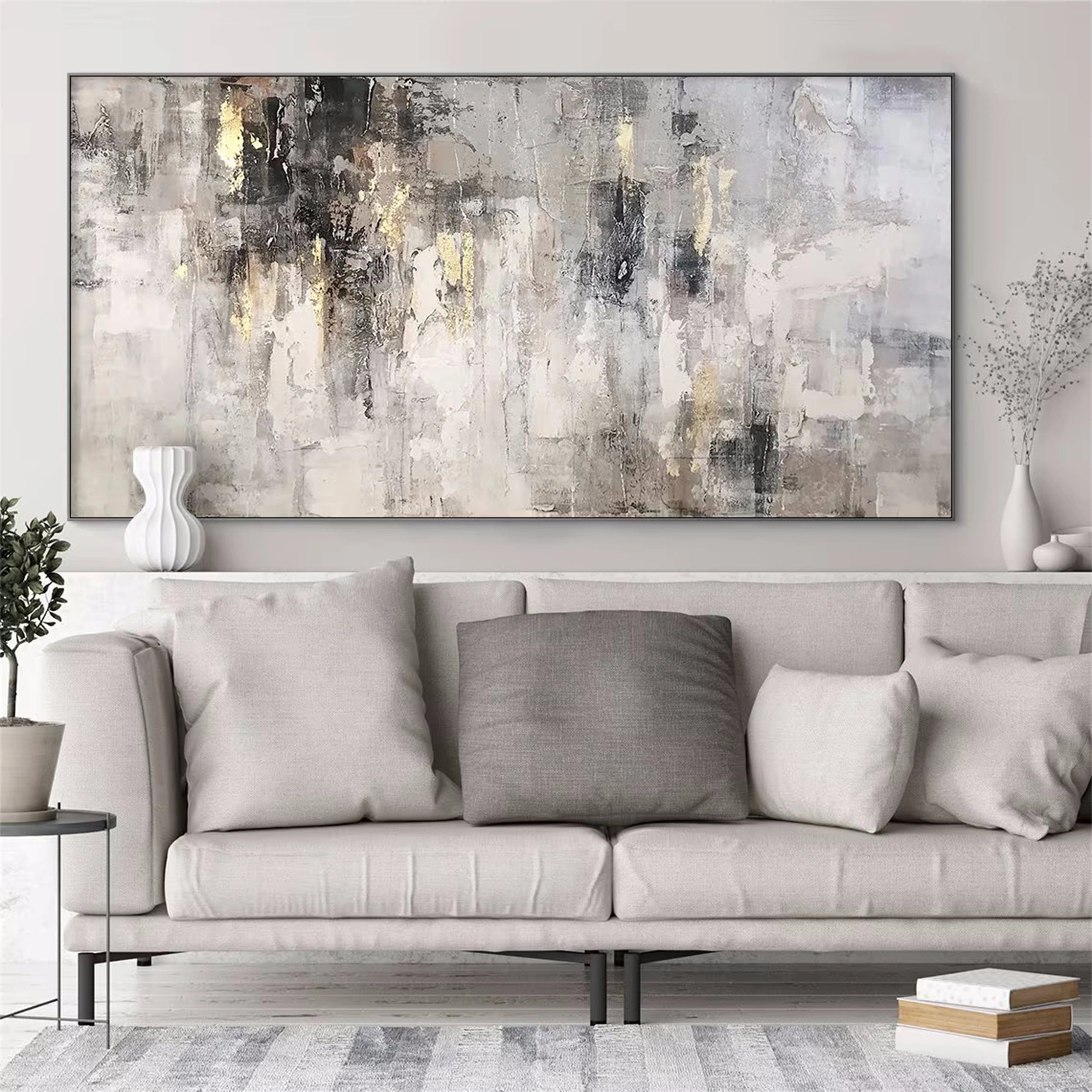 Neutral Abstract Art with Gold Leaf | Grey Beige Textured Painting #JJ 075