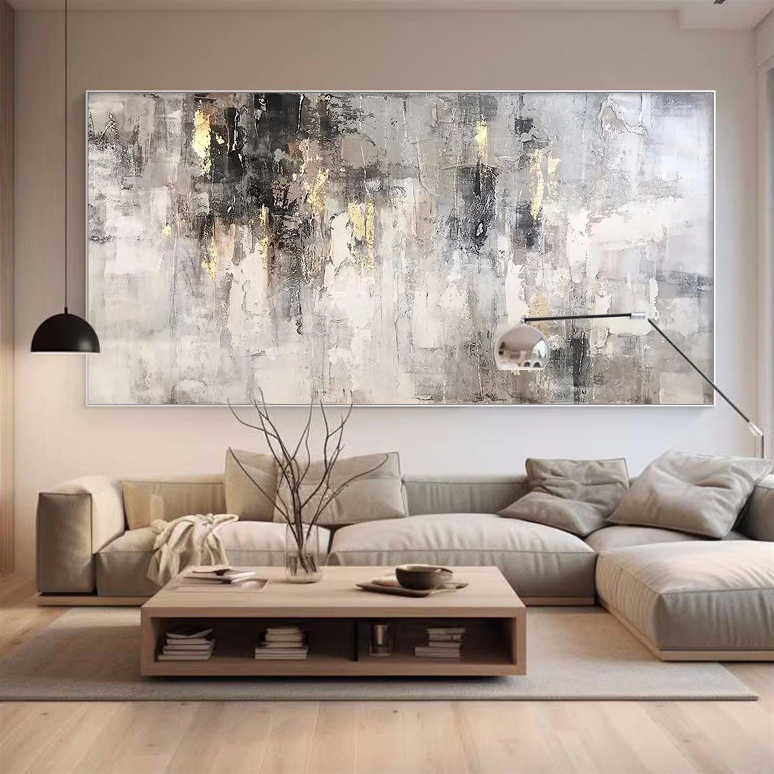 Neutral Abstract Art with Gold Leaf | Grey Beige Textured Painting #JJ 075