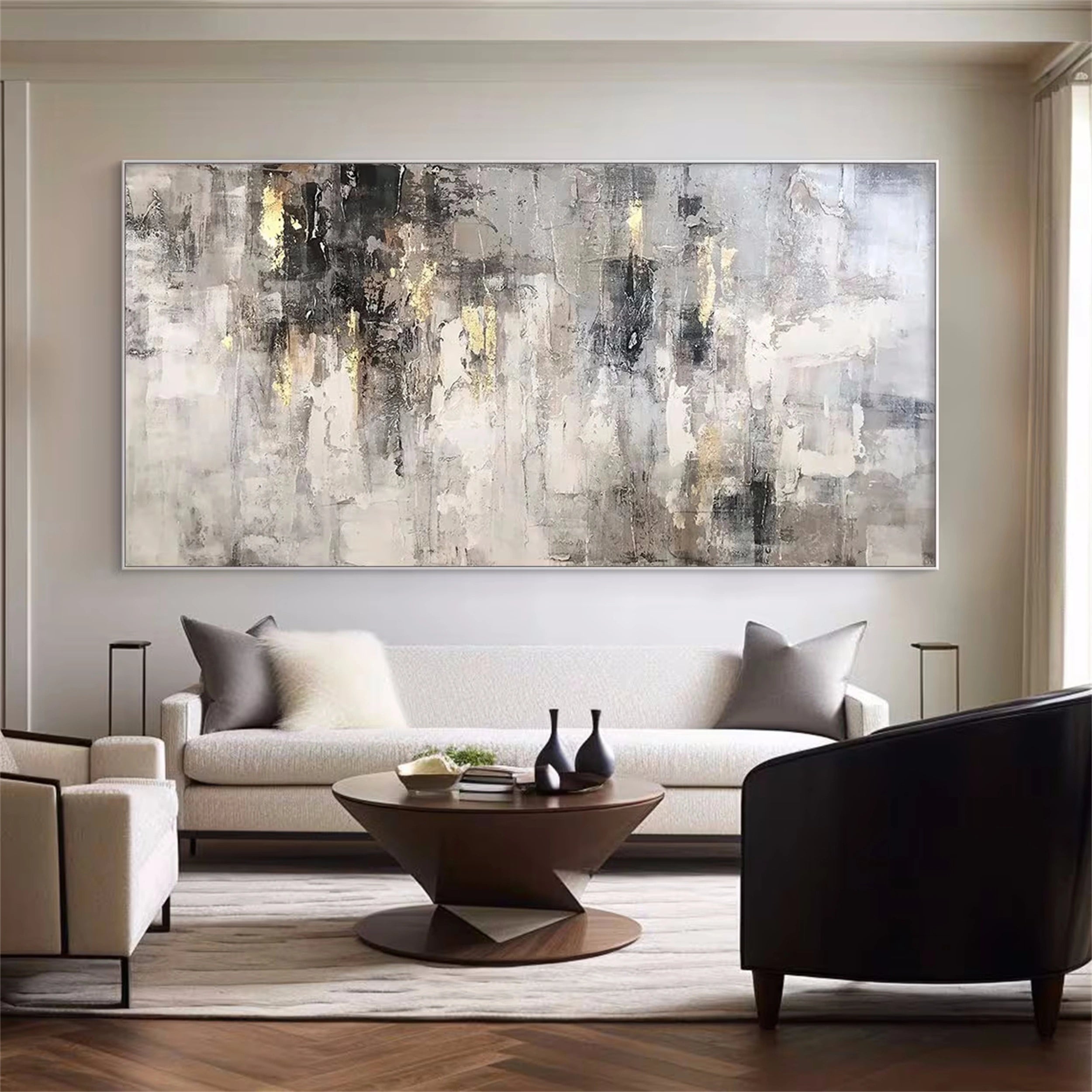 Neutral Abstract Art with Gold Leaf | Grey Beige Textured Painting #JJ 075