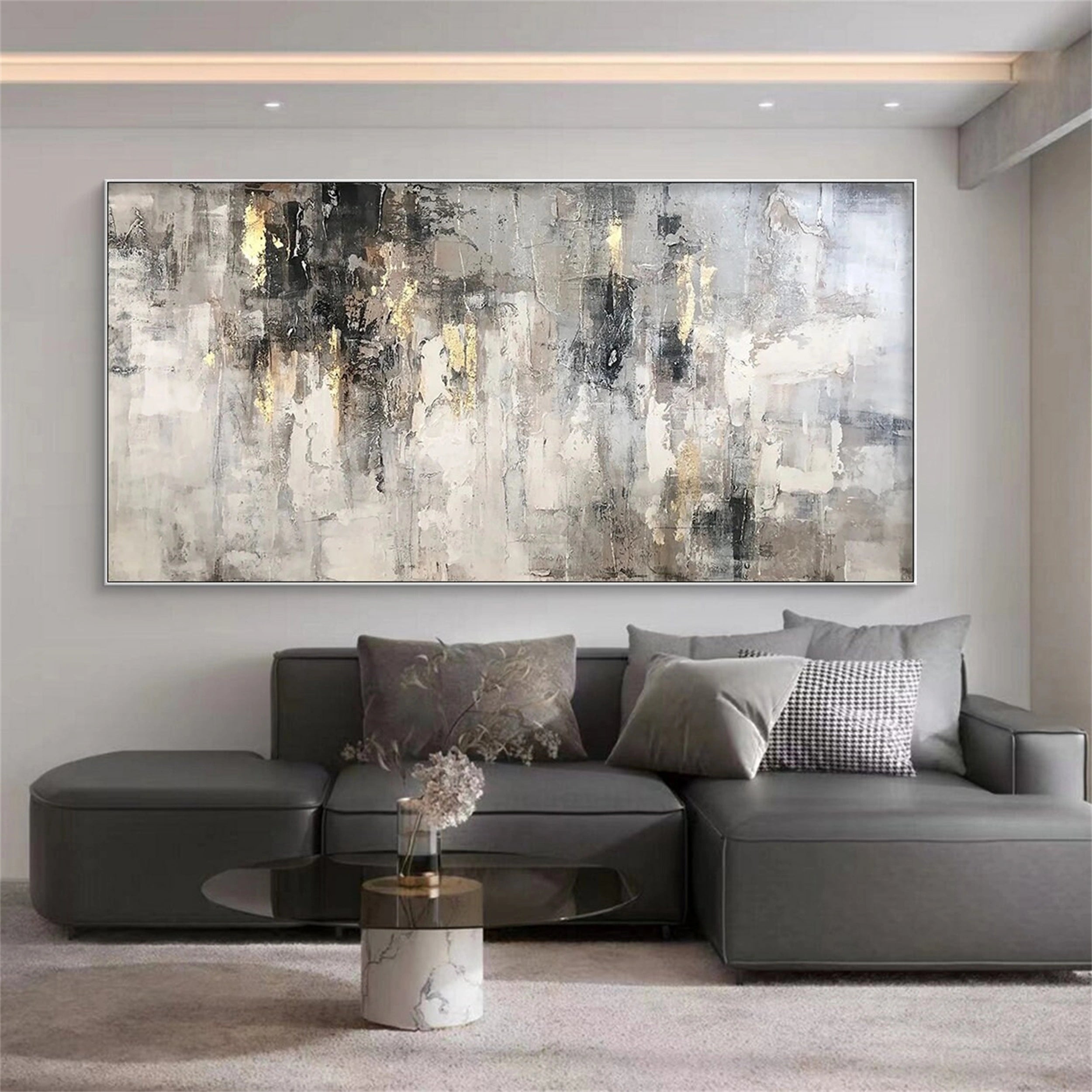Neutral Abstract Art with Gold Leaf | Grey Beige Textured Painting #JJ 075