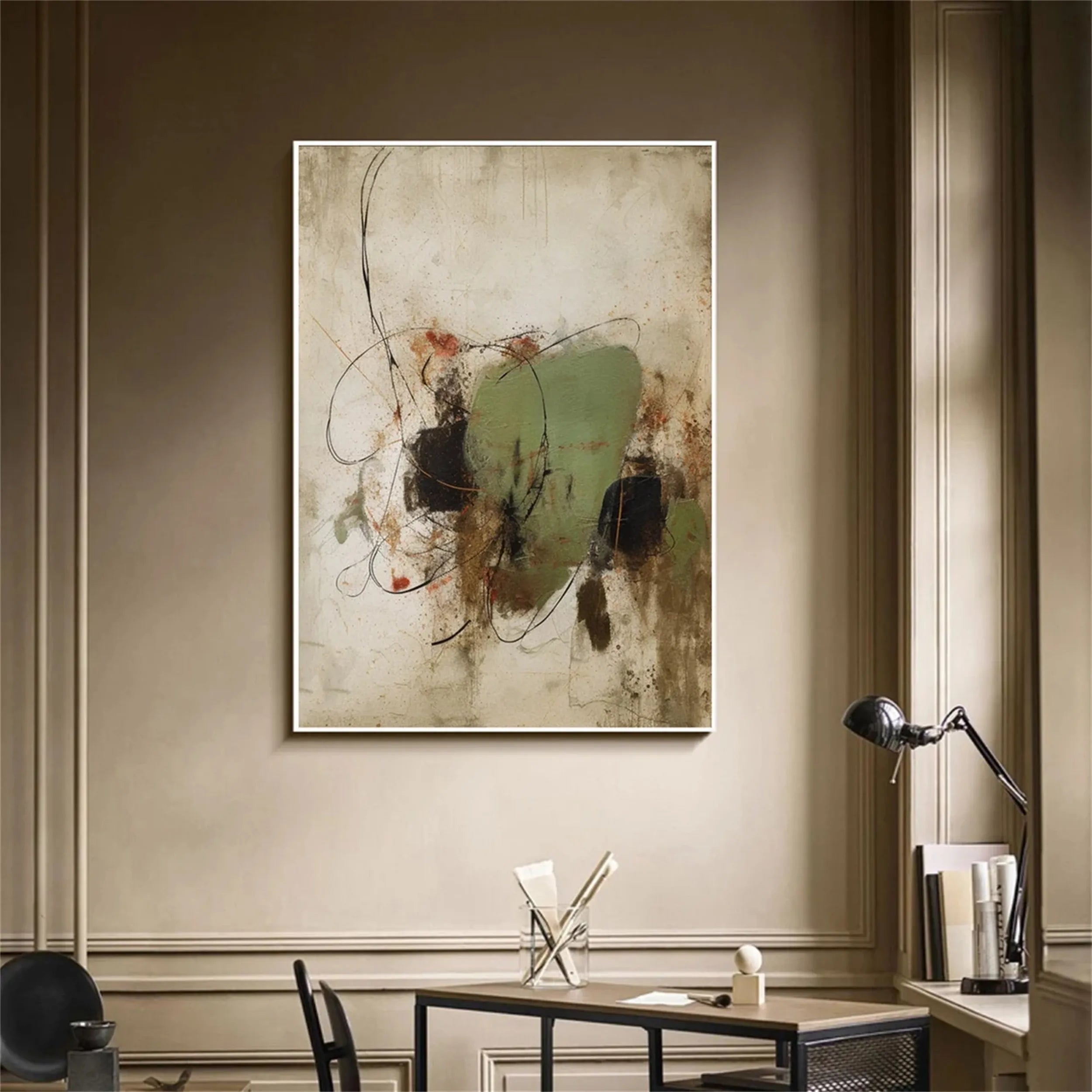 Expressive Abstract Canvas Painting | Green Neutral Mixed Media Art #JJ 077