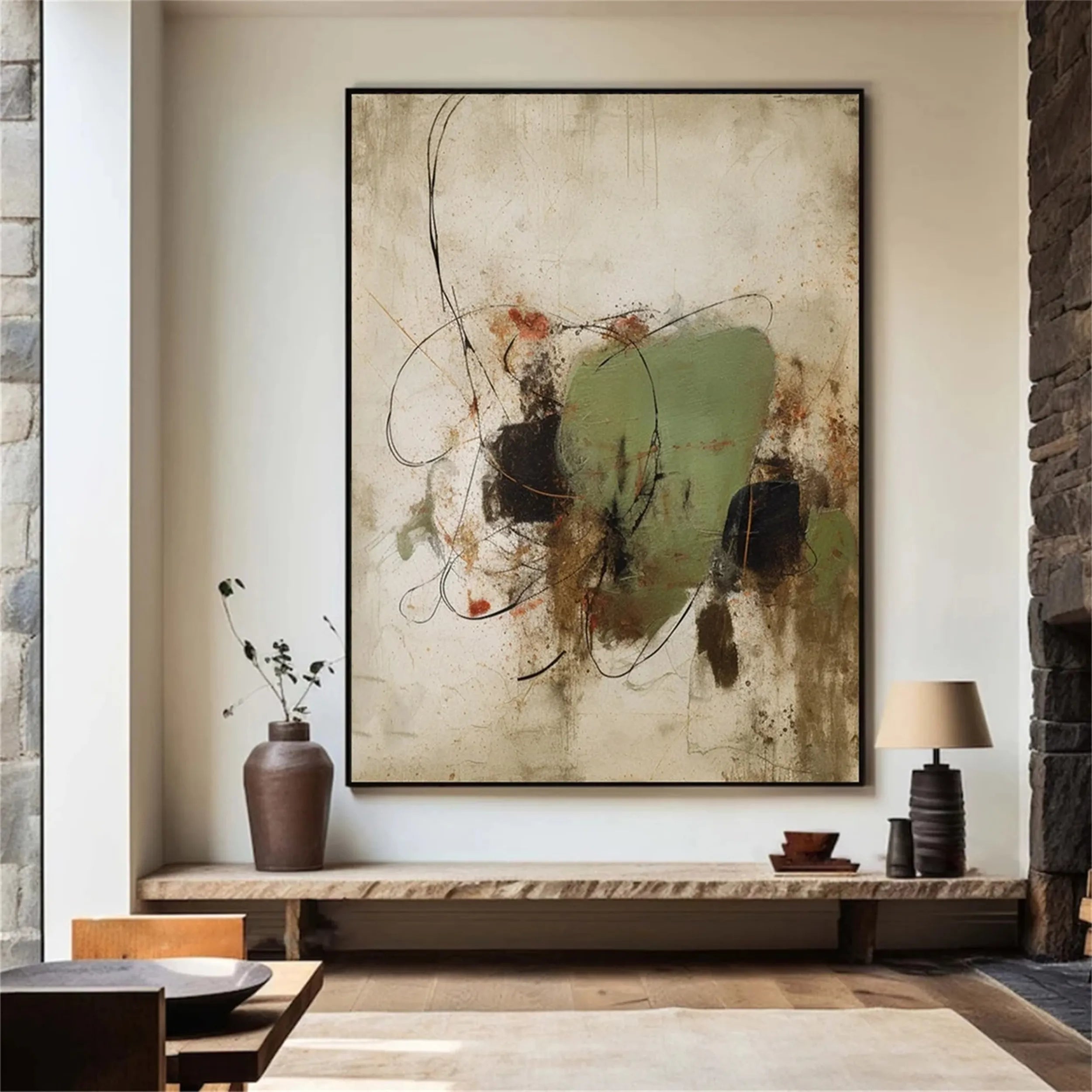 Expressive Abstract Canvas Painting | Green Neutral Mixed Media Art #JJ 077