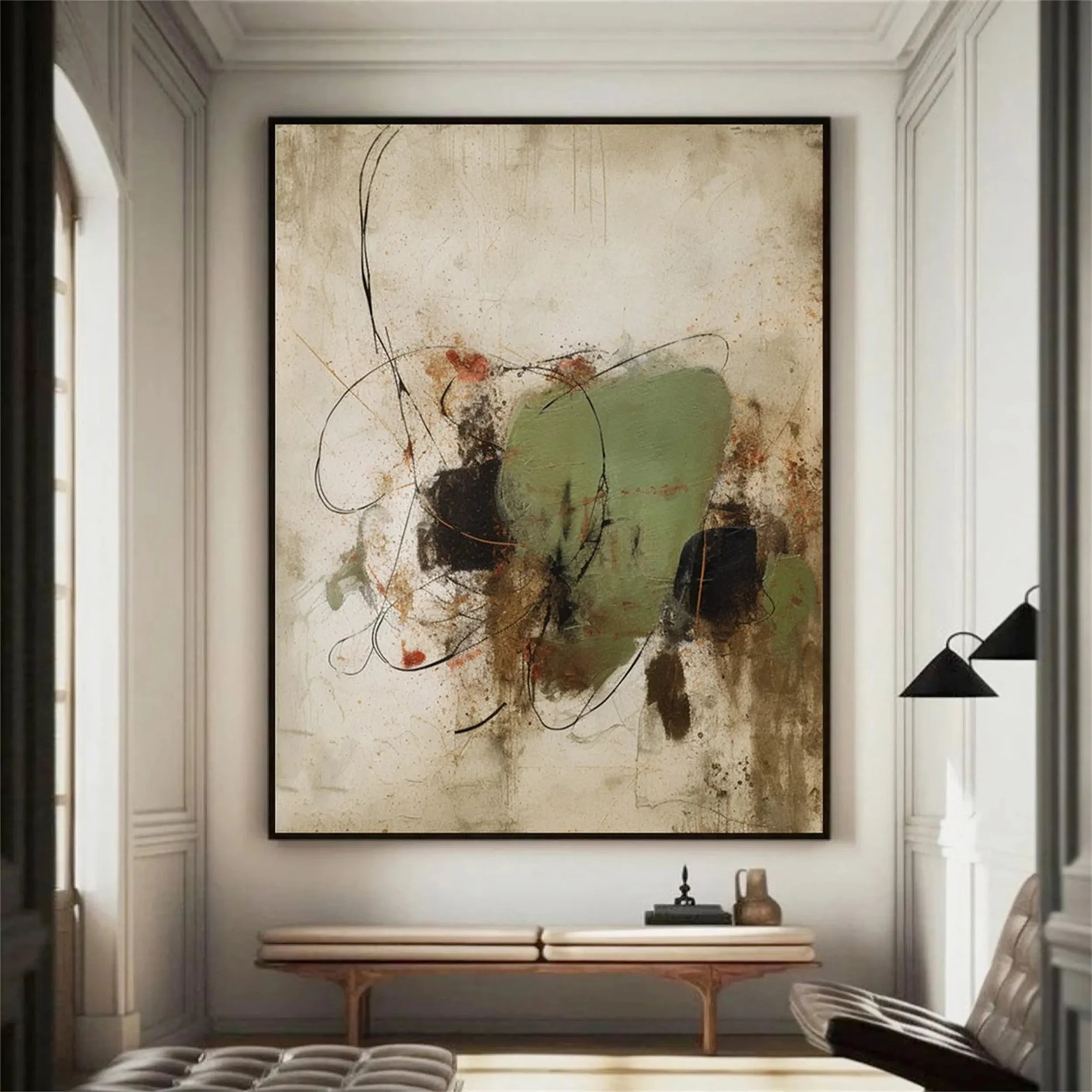 Expressive Abstract Canvas Painting | Green Neutral Mixed Media Art #JJ 077
