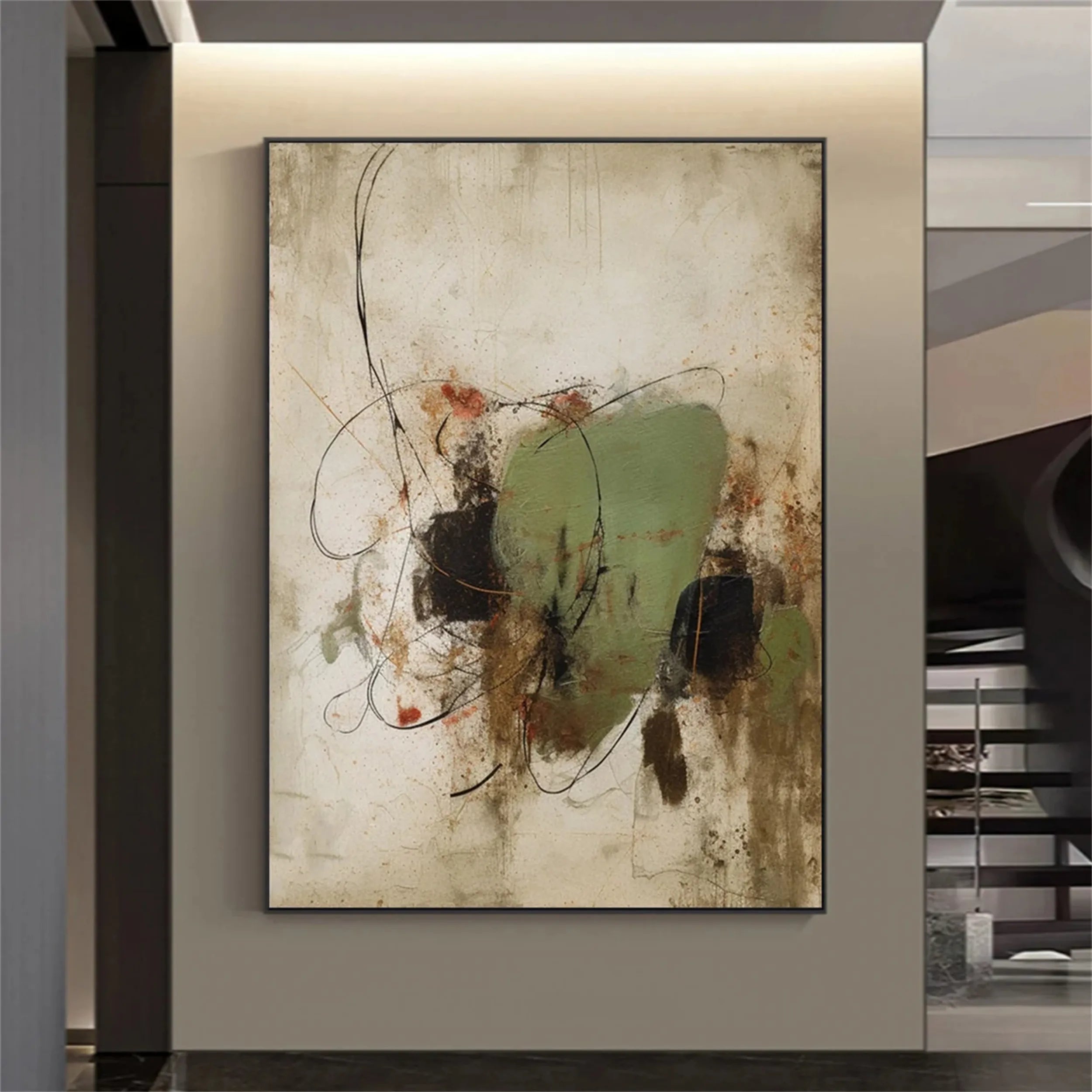 Large Vertical Abstract Art | Green Brown Black Contemporary Canvas