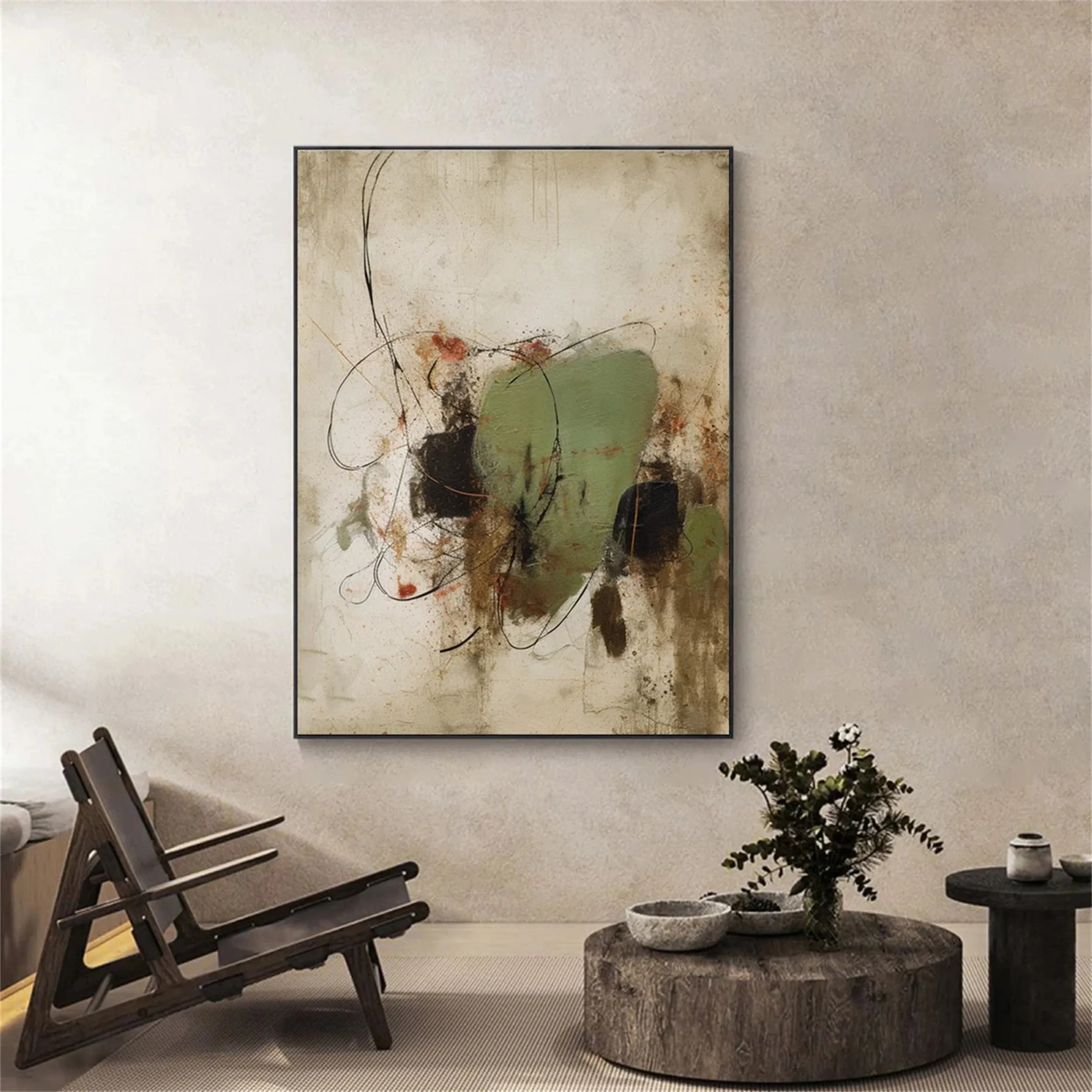 Expressive Abstract Canvas Painting | Green Neutral Mixed Media Art #JJ 077