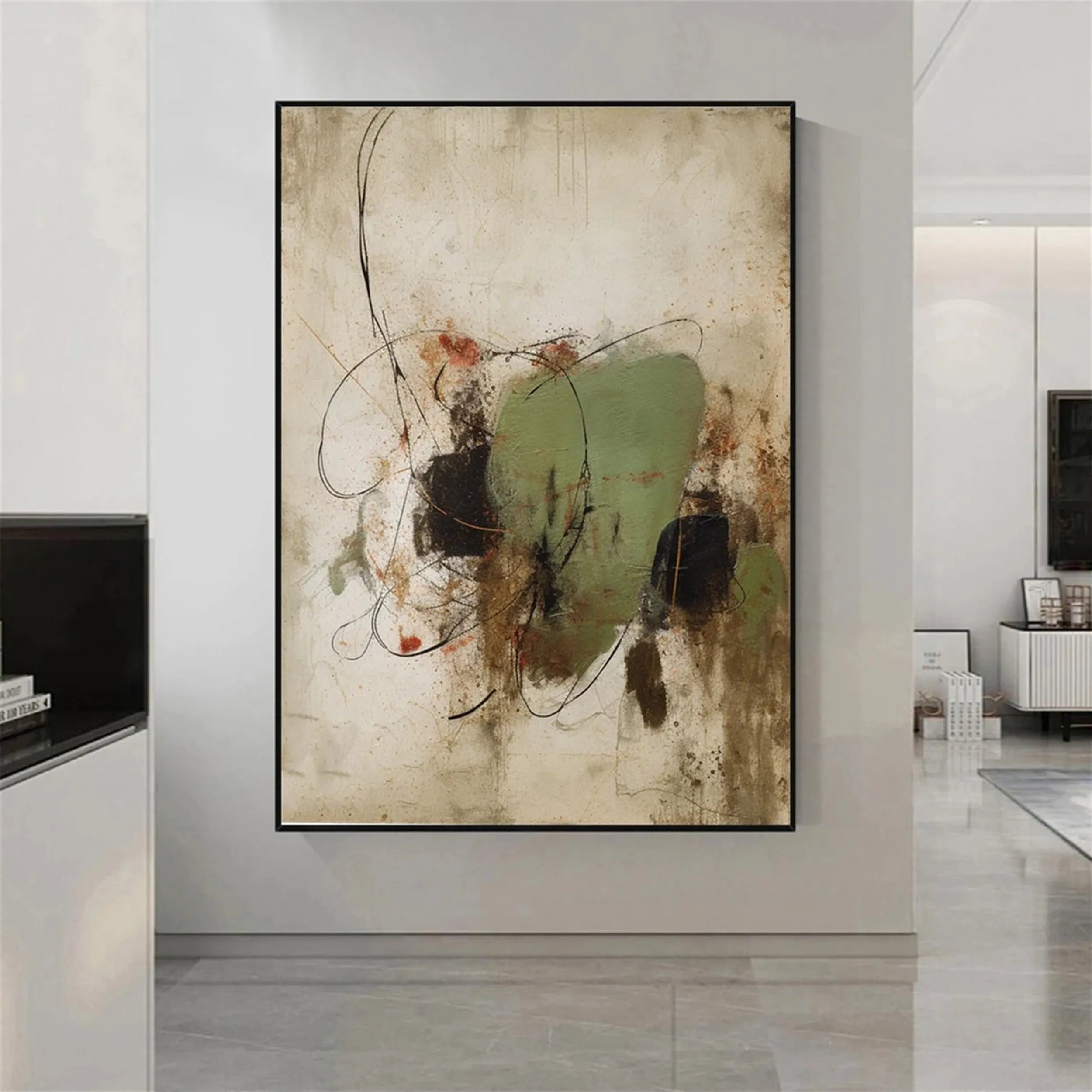 Expressive Abstract Canvas Painting | Green Neutral Mixed Media Art #JJ 077