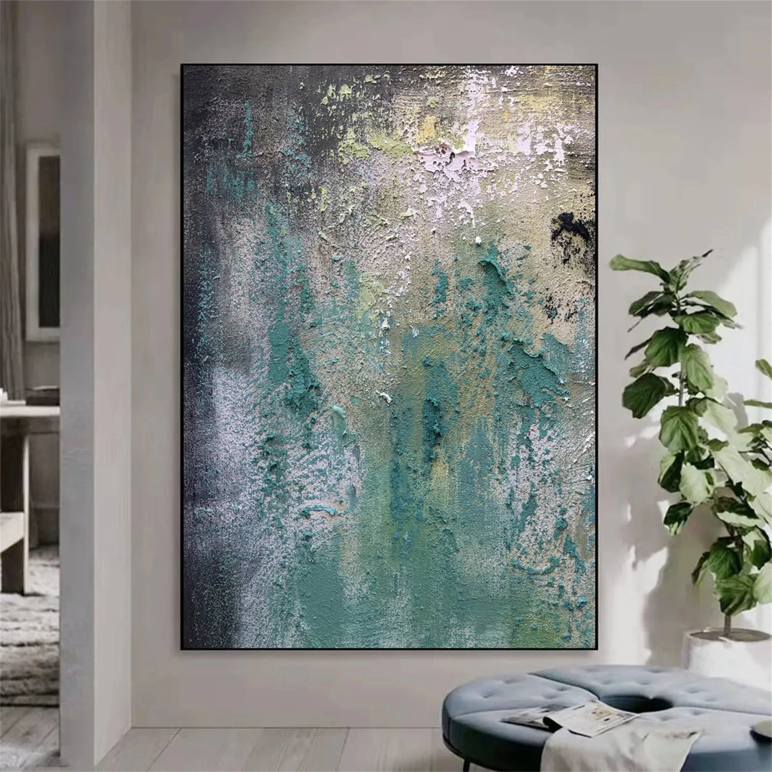 Textured Abstract Art | Green Grey Gold Impasto Canvas Painting #JJ 078