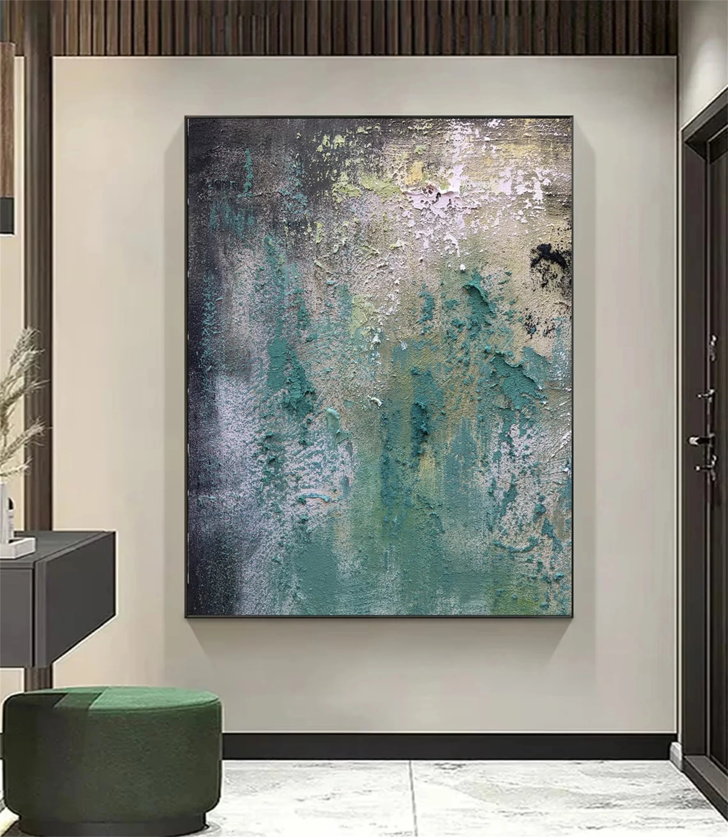 Textured Abstract Art | Green Grey Gold Impasto Canvas Painting #JJ 078