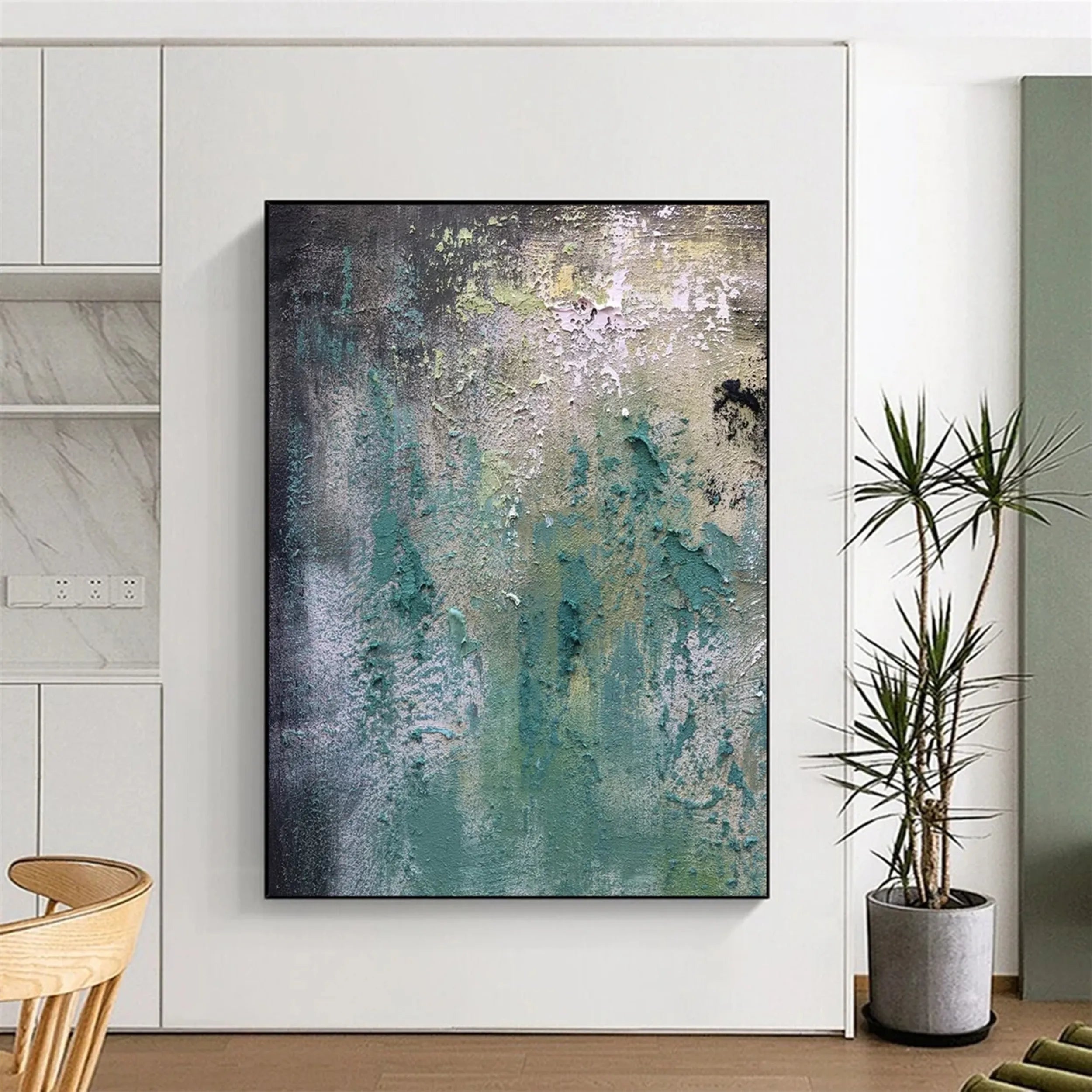 Textured Abstract Art | Green Grey Gold Impasto Canvas Painting #JJ 078