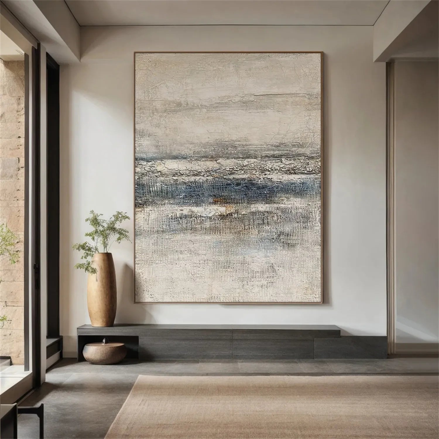 Heavy Impasto Abstract Canvas | Serene Blue & Neutral Landscape Art #JJ 079
