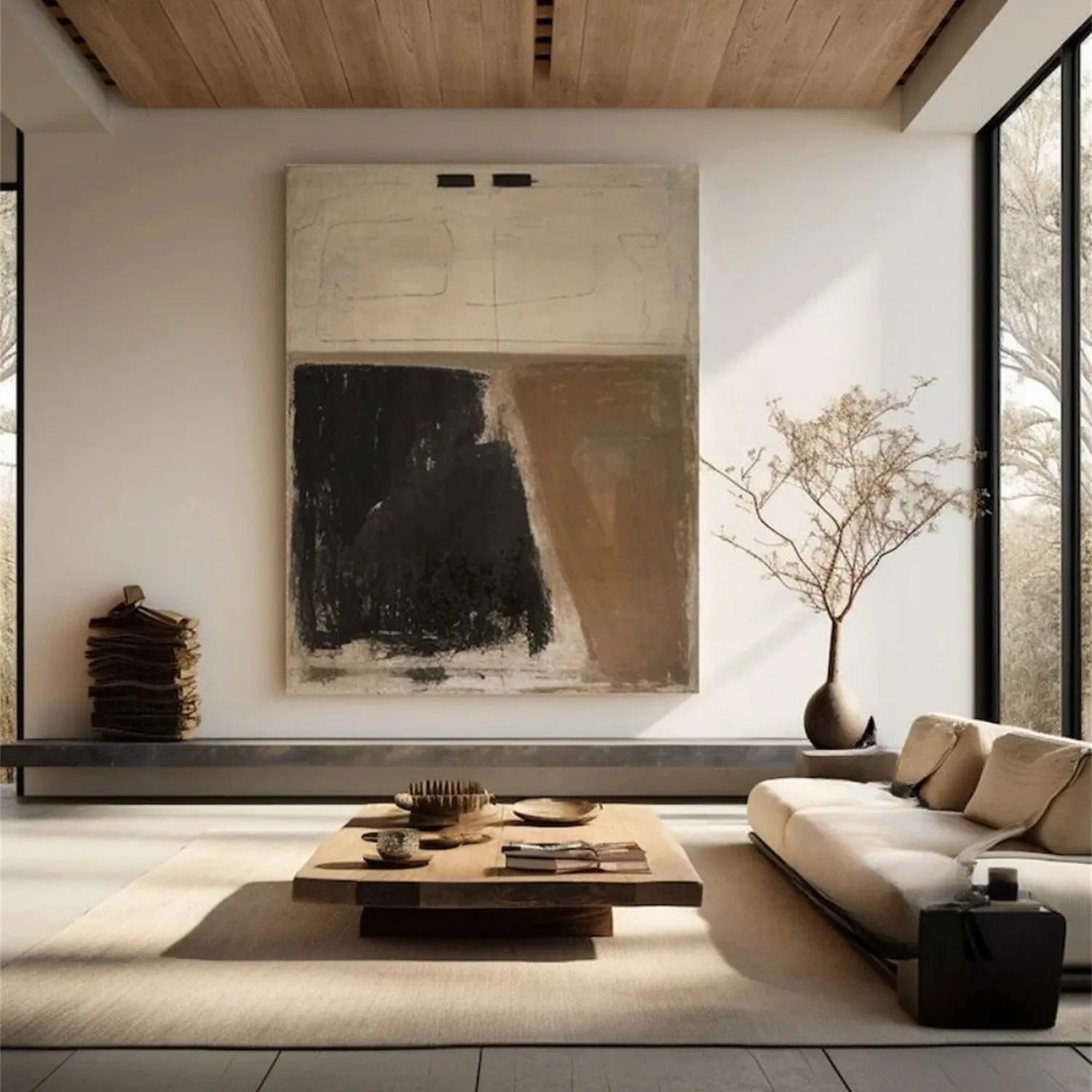 Contemporary Abstract Painting | Large Vertical Wall Art Black Brown Beige