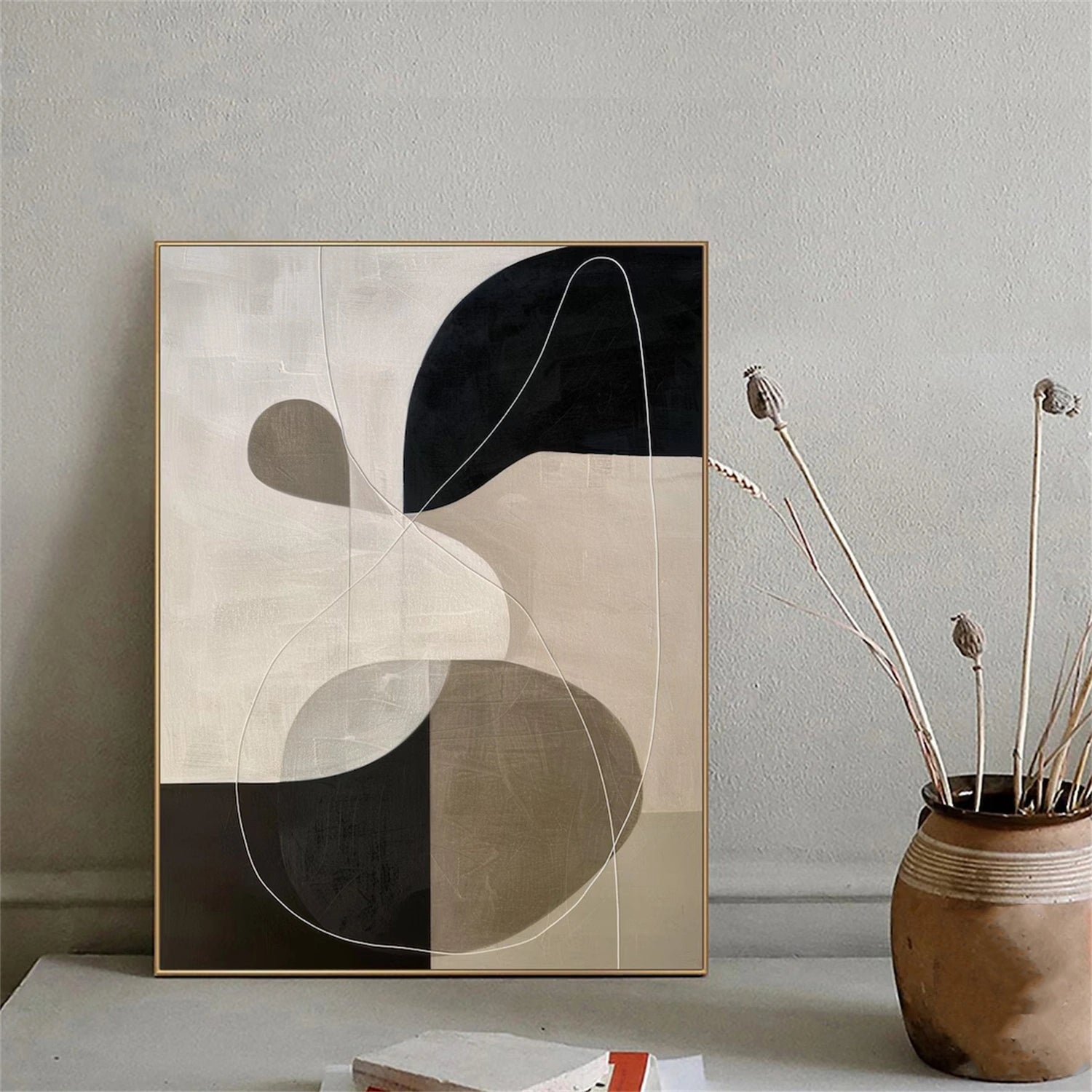 Original Minimalist Abstract | Large Beige Black Art #TB 094