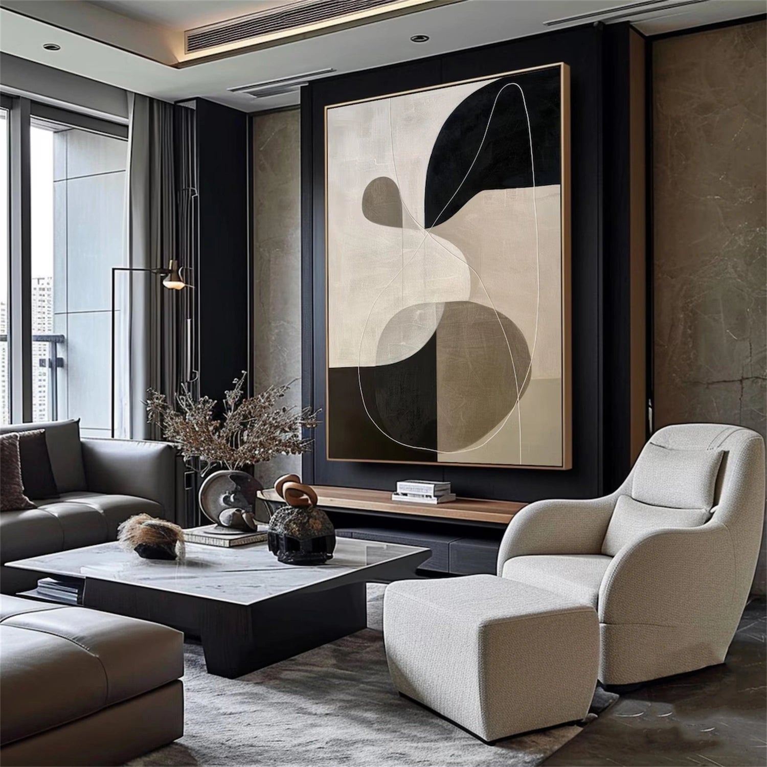 Original Minimalist Abstract | Large Beige Black Art #TB 094