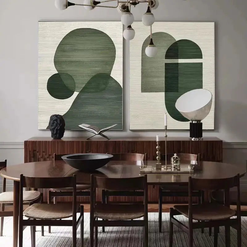 Abstract Geometric Diptych | Green & Beige Painting Set of 2 #ZZ 115