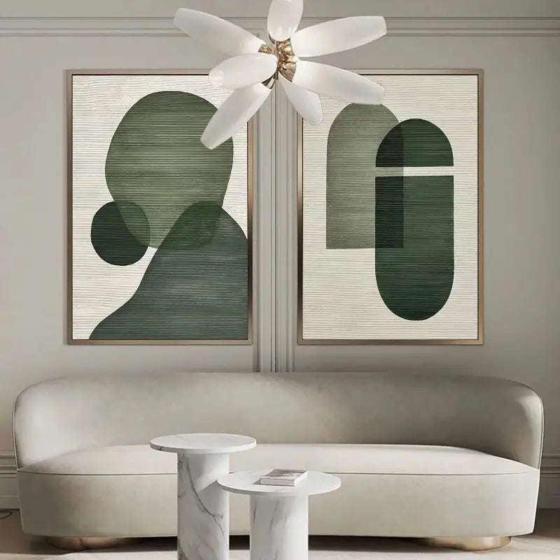 Abstract Geometric Diptych | Green & Beige Painting Set of 2 #ZZ 115