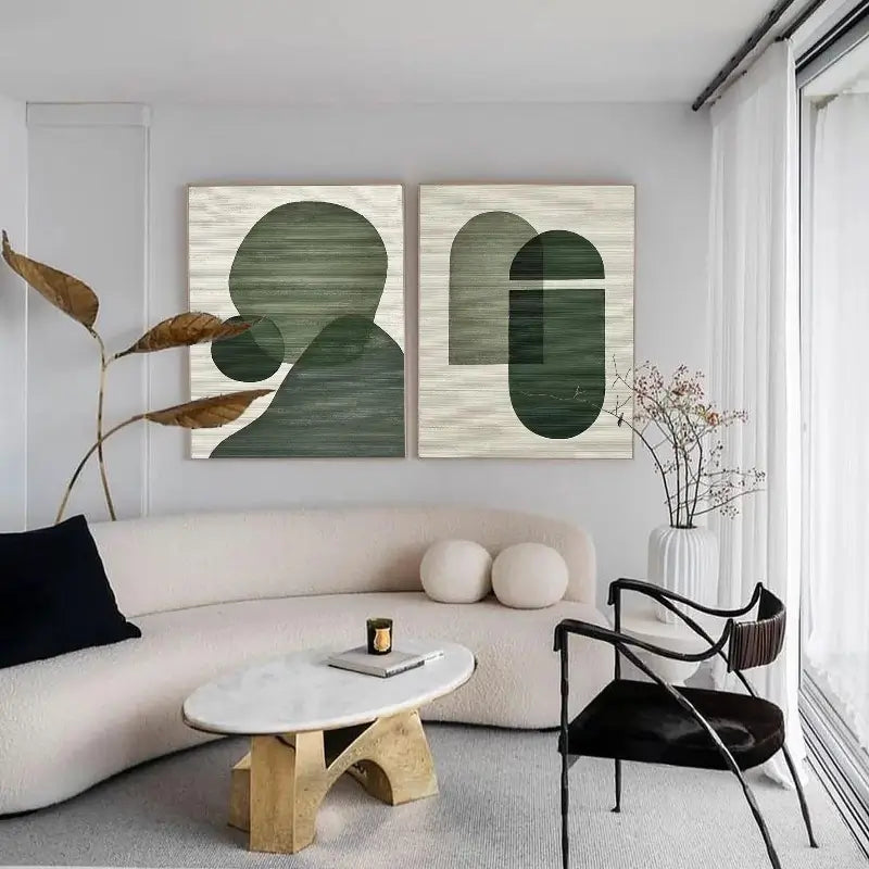 Abstract Geometric Diptych | Green & Beige Painting Set of 2 #ZZ 115