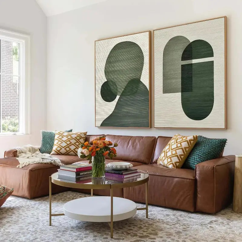 Abstract Geometric Diptych | Green & Beige Painting Set of 2 #ZZ 115