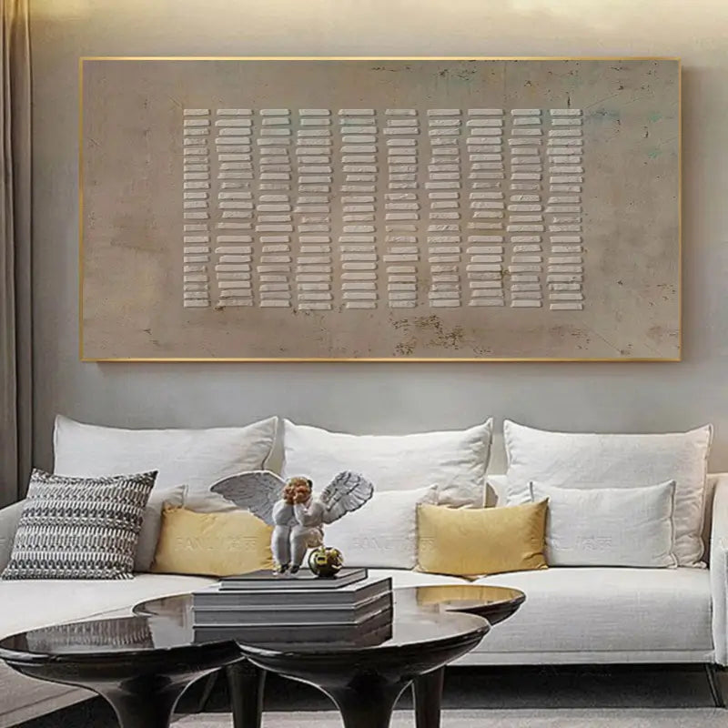 Neutral Grid Textured Abstract - Beige and White Minimalist Oil Painting