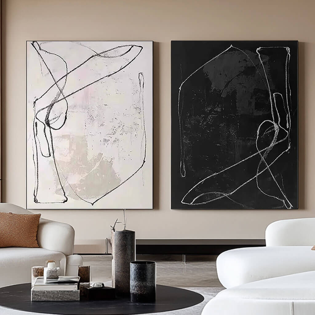 Expressive Sketch Style Art | Large Black & White Diptych