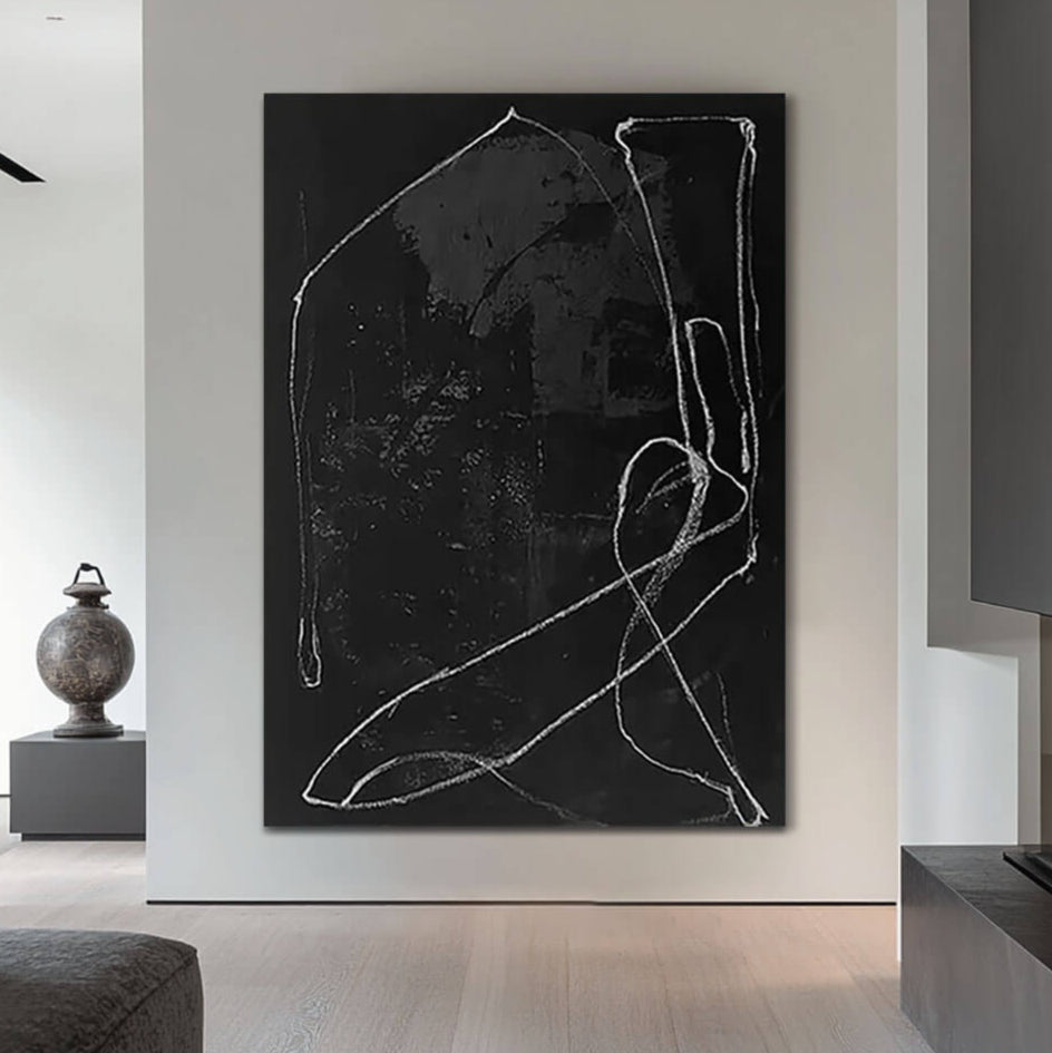 Moody Black Abstract Painting | Sophisticated Monochrome Wall Art