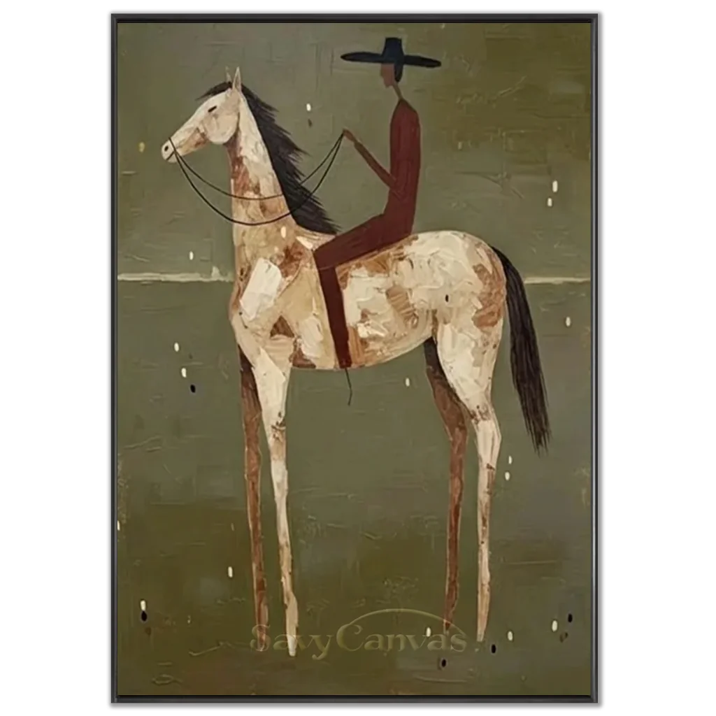 Handcrafted Folk Americana Rider Oil Painting, Green #SS 310